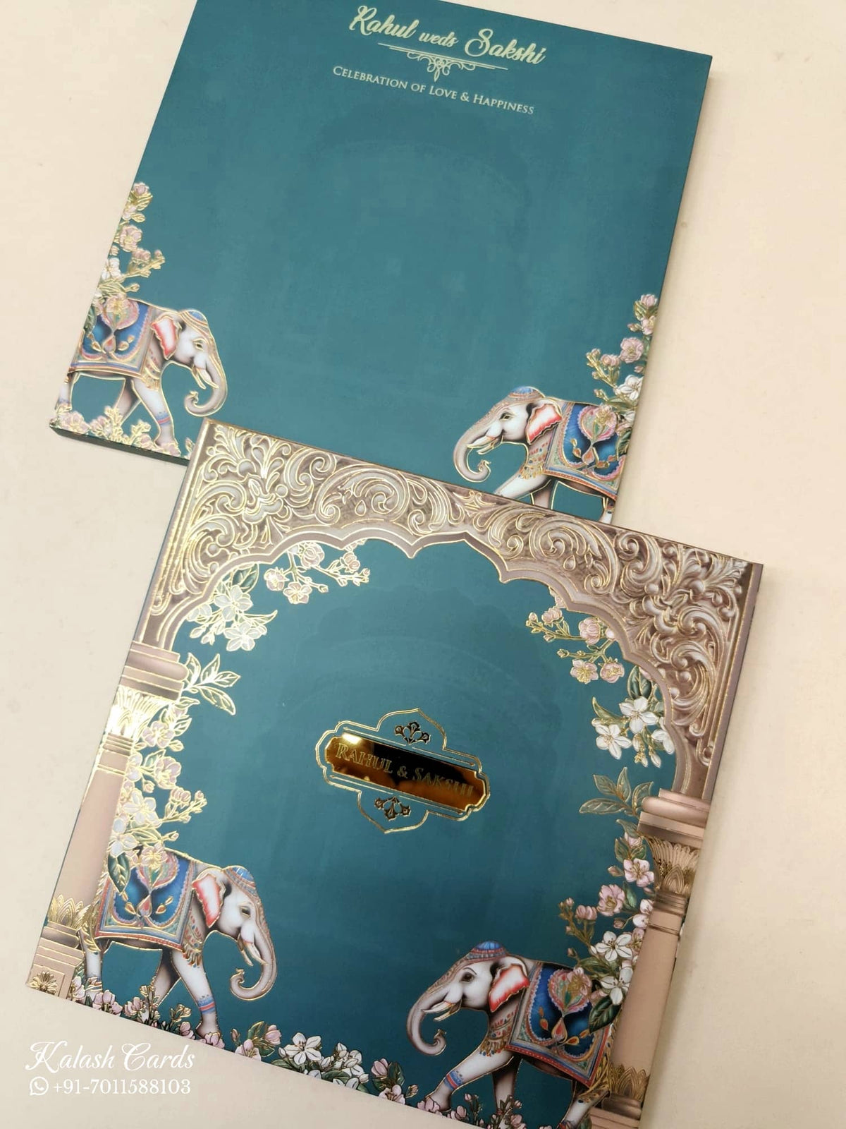 KLB-1029 Blue Elephant Padded Thick Wedding Card (2 Page & Couple Name Acrylic)
