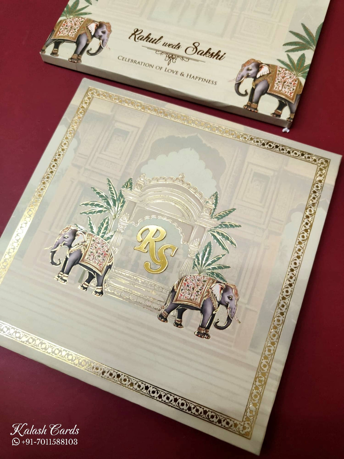 KLB-1031 Creme Elephant Padded Thick Wedding Card (2 Page & Couple Name Acrylic)