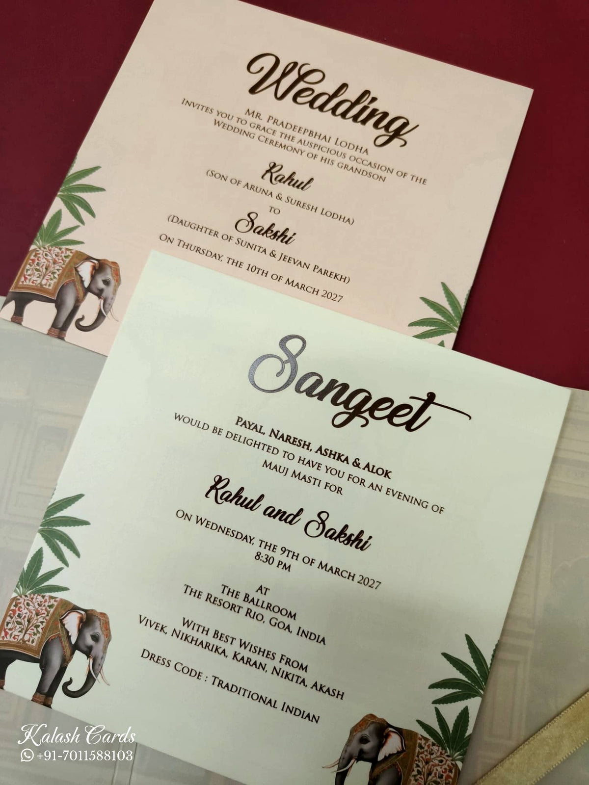 KLB-1031 Creme Elephant Padded Thick Wedding Card (2 Page & Couple Name Acrylic)