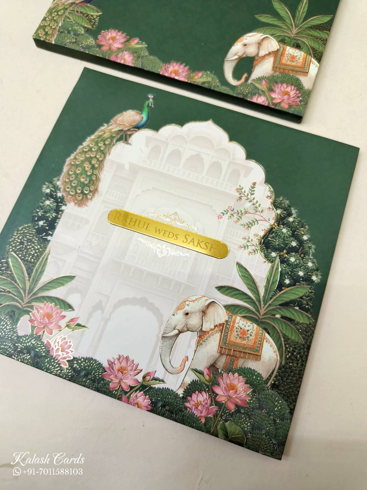 KLB-1032 Green Royal Arch Padded Thick Wedding Card (2 Page & Couple Name Acrylic)