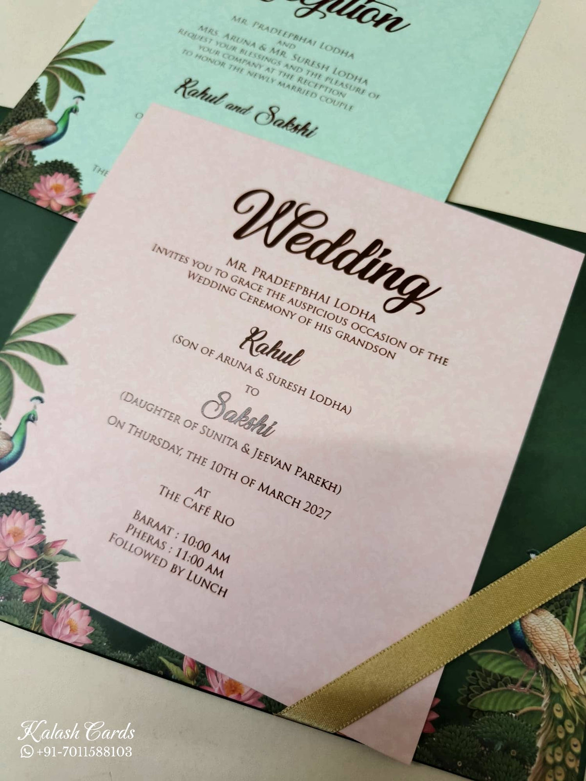 KLB-1032 Green Royal Arch Padded Thick Wedding Card (2 Page & Couple Name Acrylic)