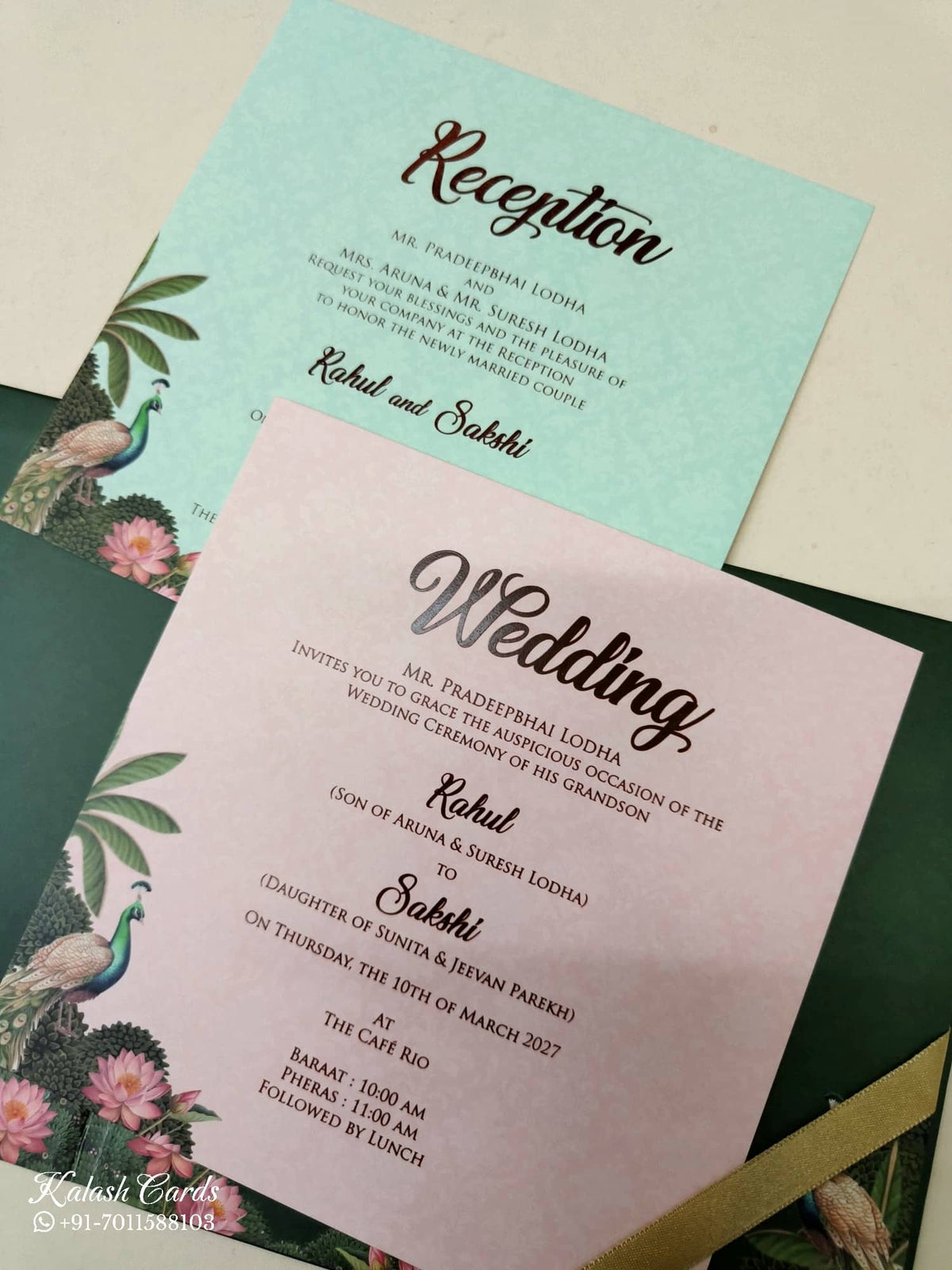 KLB-1032 Green Royal Arch Padded Thick Wedding Card (2 Page & Couple Name Acrylic)