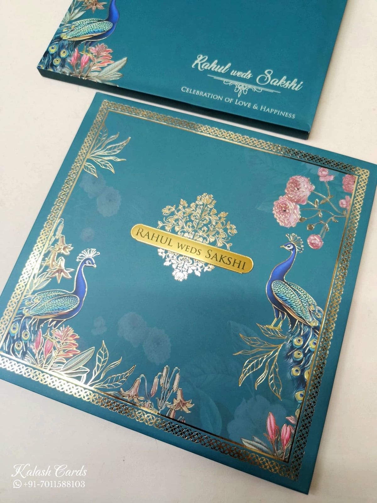 KLB-1033 Blue Peacock Padded Thick Wedding Card (2 Page & Couple Name Acrylic)