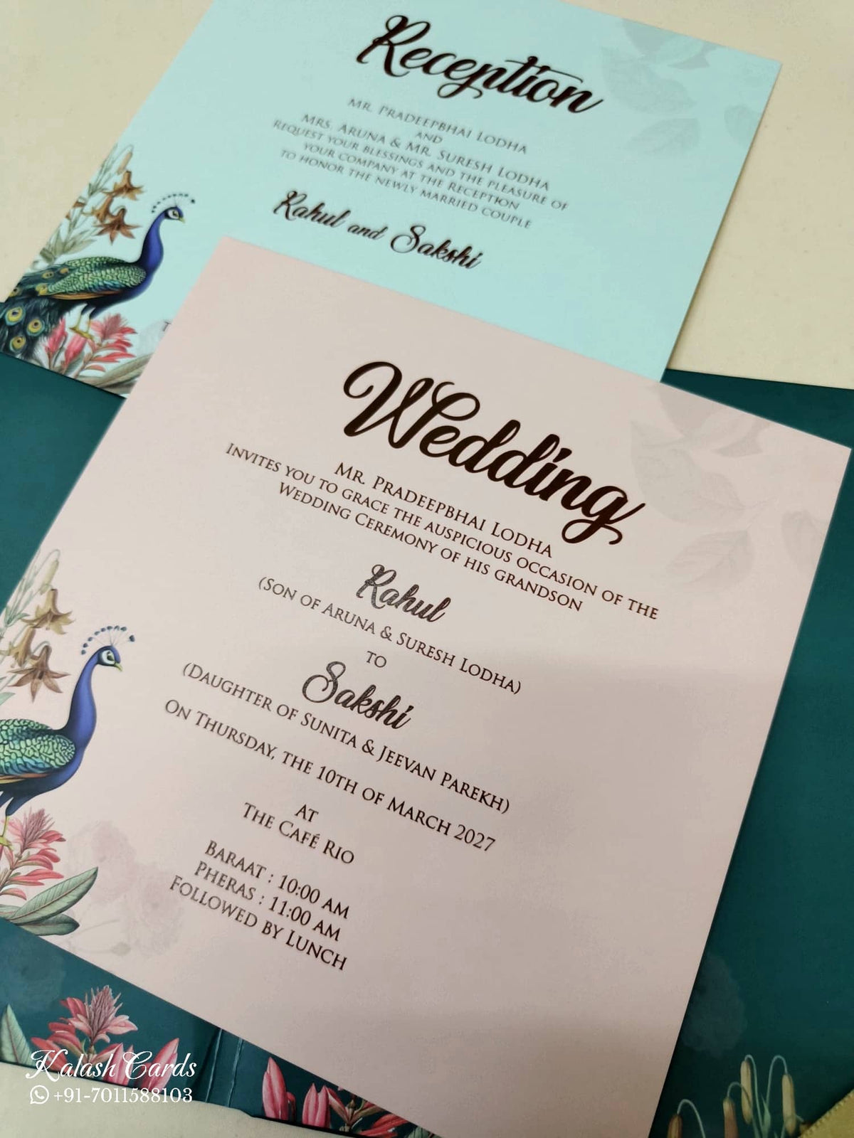 KLB-1033 Blue Peacock Padded Thick Wedding Card (2 Page & Couple Name Acrylic)