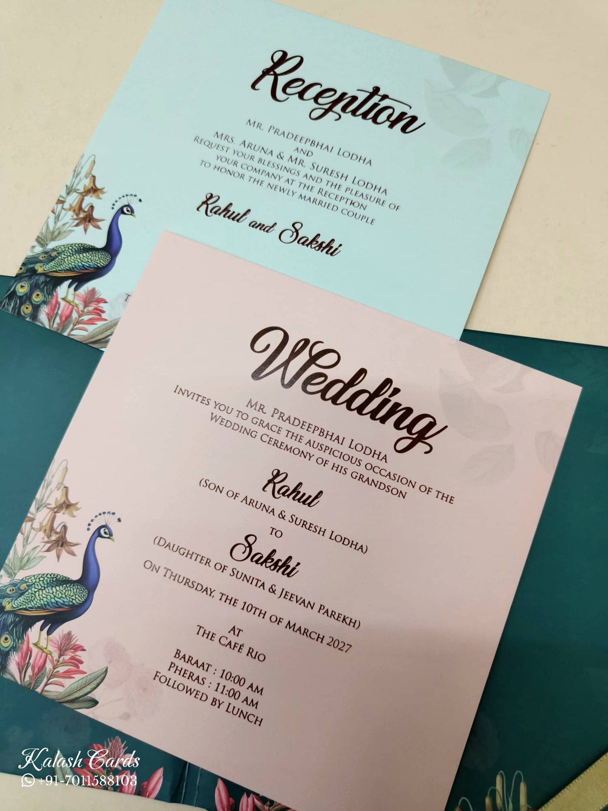 KLB-1033 Blue Peacock Padded Thick Wedding Card (2 Page & Couple Name Acrylic)