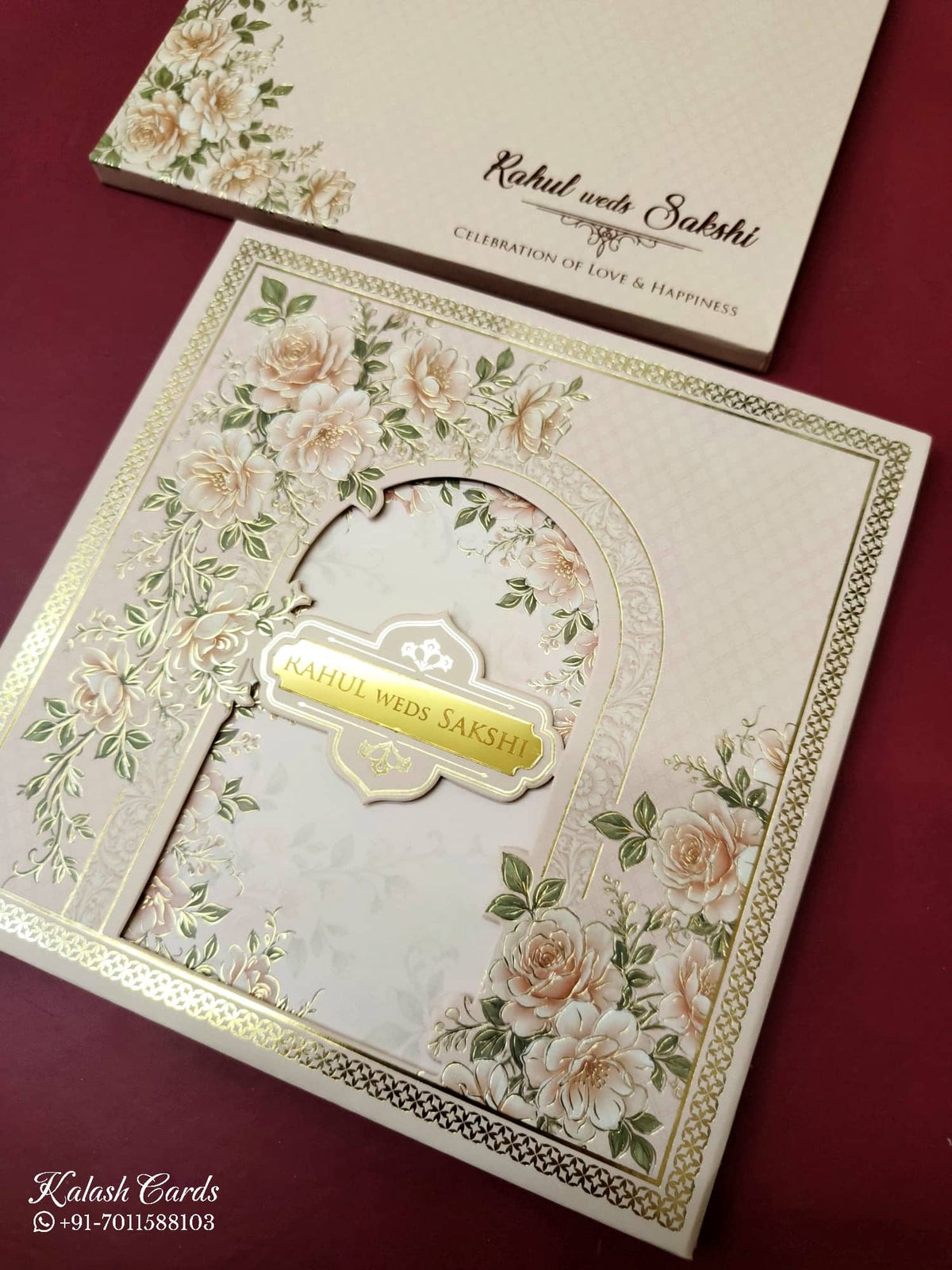KLB-1034 Creme Lotus Laser Cut Padded Thick Wedding Card (2 Page & Couple Name Acrylic)