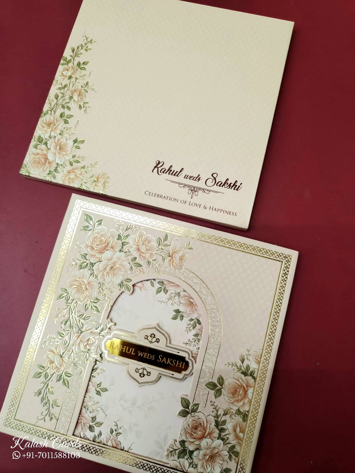 KLB-1034 Creme Lotus Laser Cut Padded Thick Wedding Card (2 Page & Couple Name Acrylic)