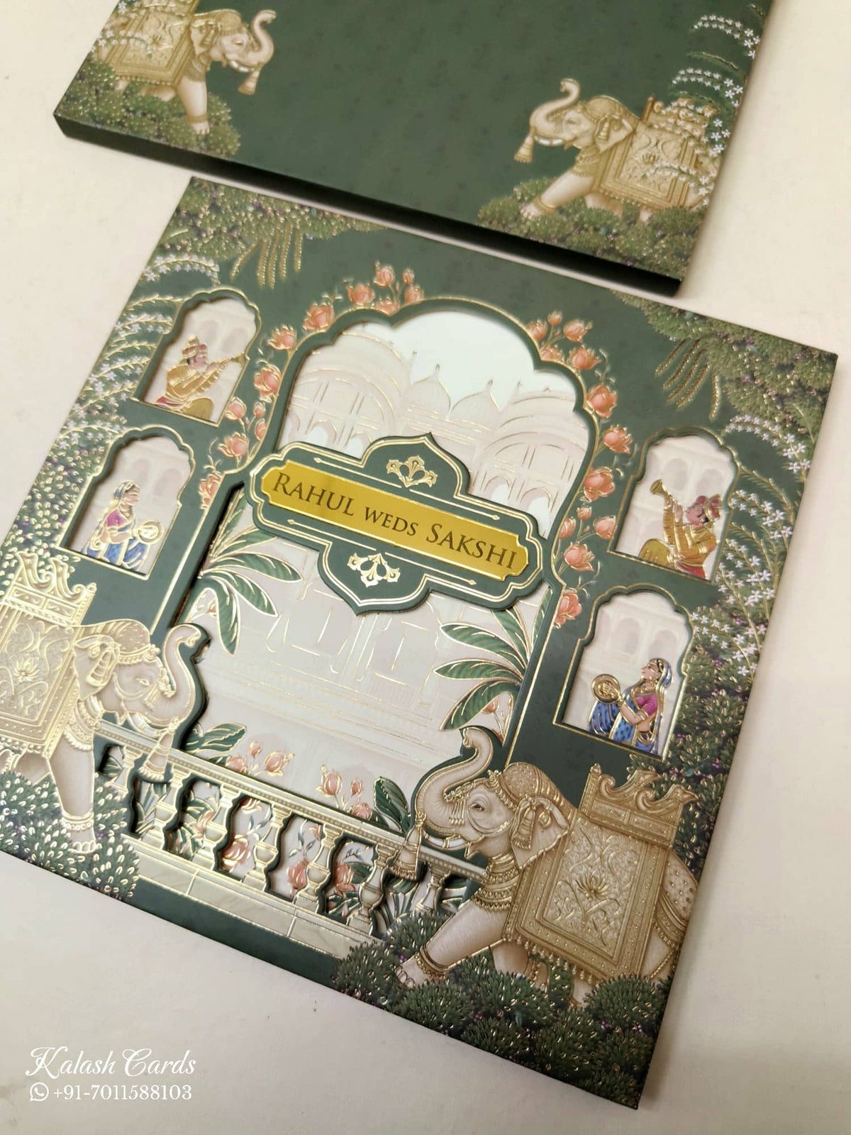 KLB-1035 Green Elephant Laser Cut Padded Thick Wedding Card (2 Page & Couple Name Acrylic)