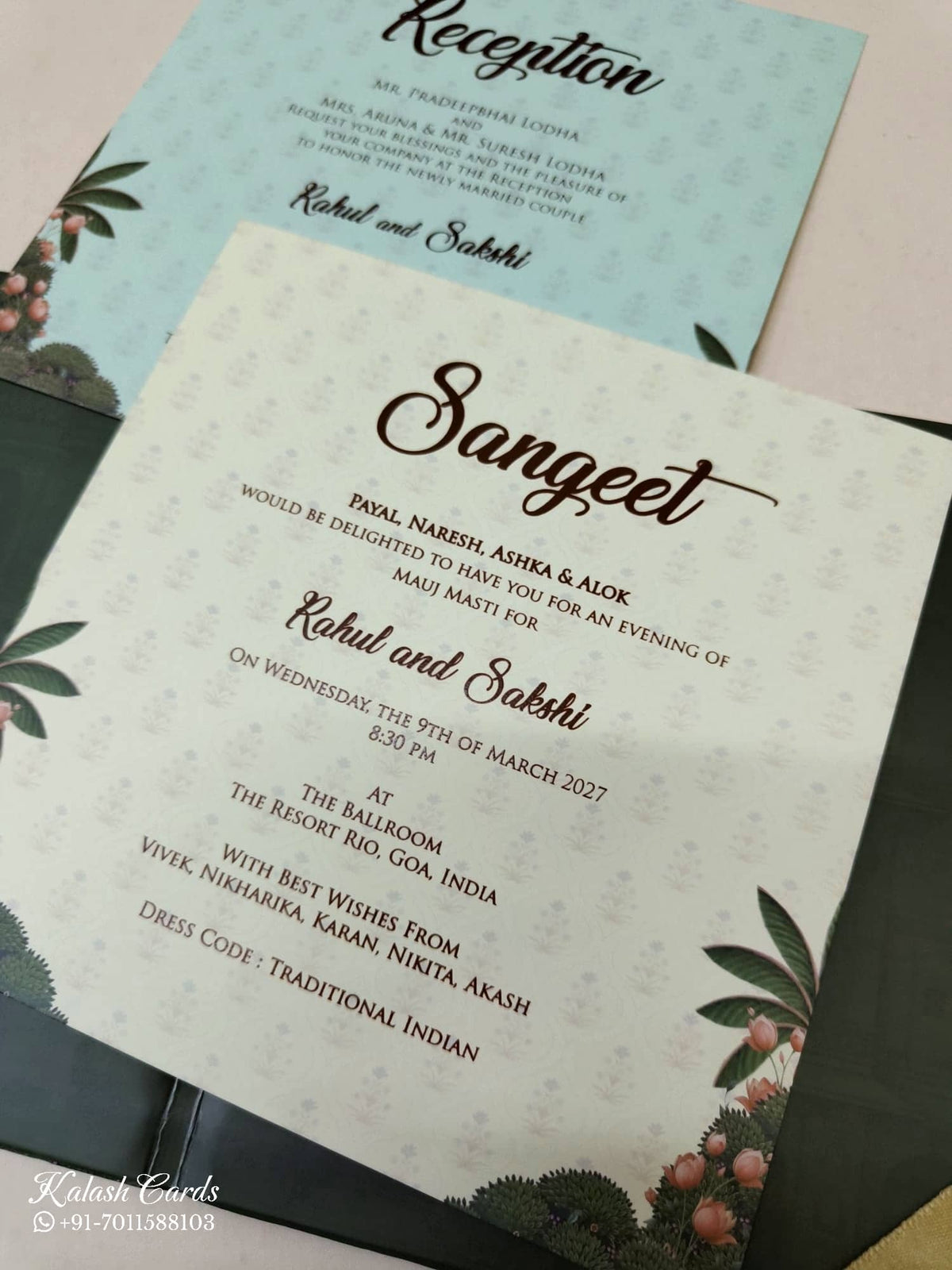 KLB-1035 Green Elephant Laser Cut Padded Thick Wedding Card (2 Page & Couple Name Acrylic)