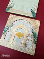 KLB-1036 Green Royal Arch Peacock Laser Cut Padded Thick Wedding Card (2 Page & Couple Name Acrylic)