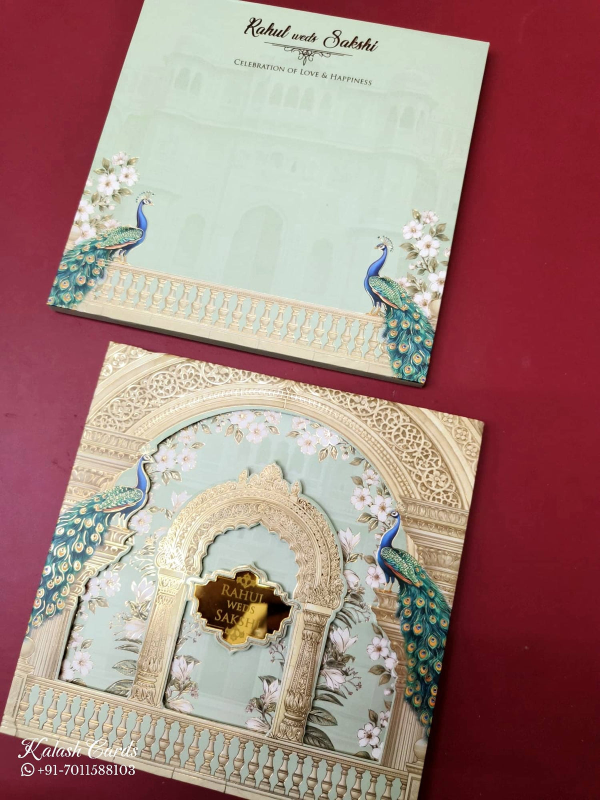 KLB-1036 Green Royal Arch Peacock Laser Cut Padded Thick Wedding Card (2 Page & Couple Name Acrylic)