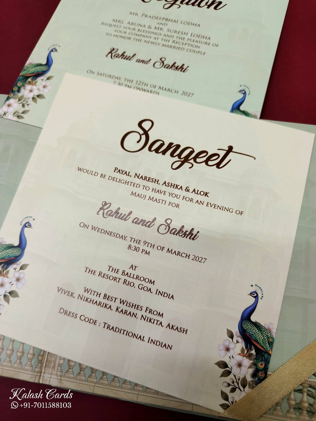 KLB-1036 Green Royal Arch Peacock Laser Cut Padded Thick Wedding Card (2 Page & Couple Name Acrylic)