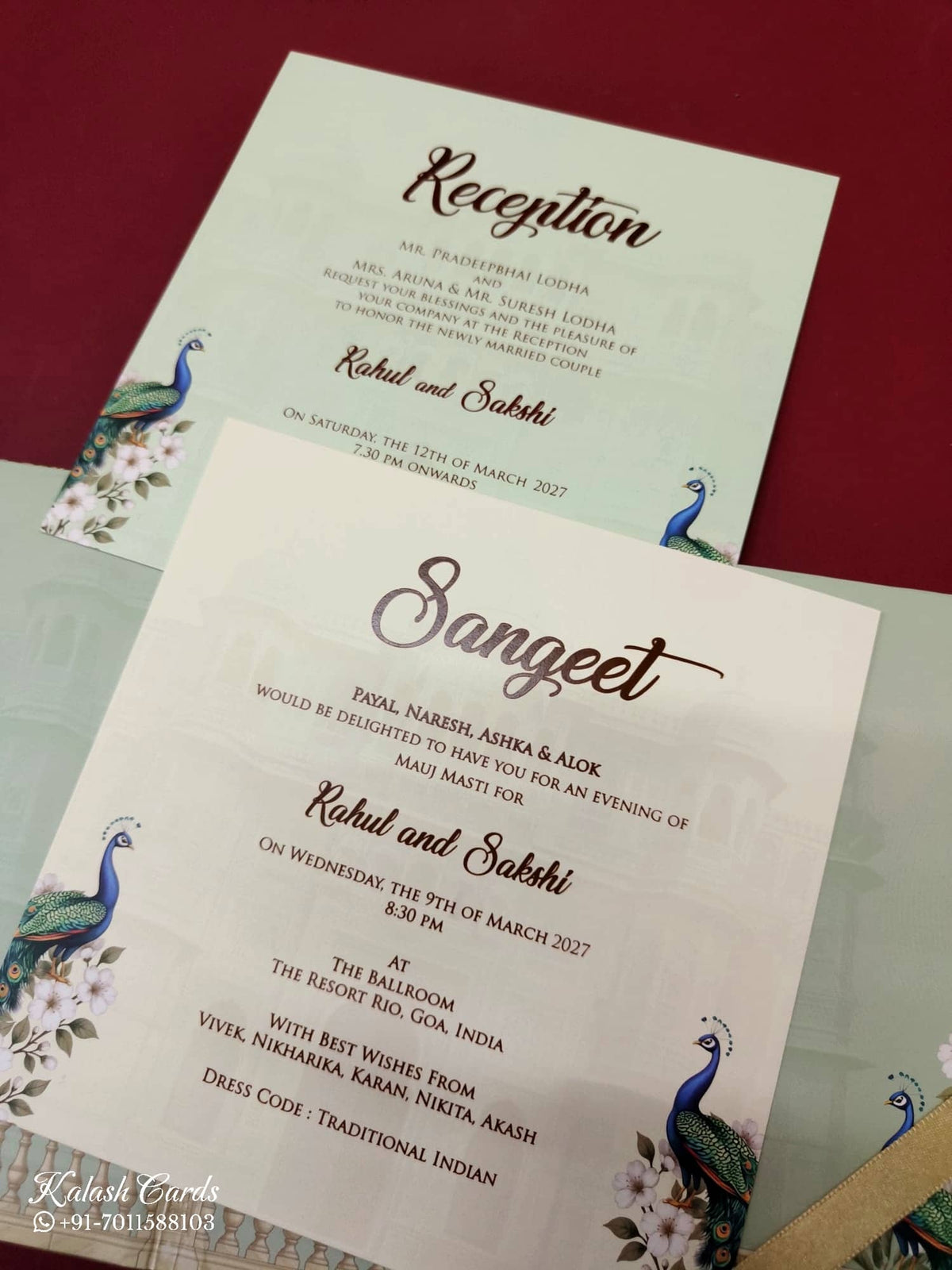 KLB-1036 Green Royal Arch Peacock Laser Cut Padded Thick Wedding Card (2 Page & Couple Name Acrylic)