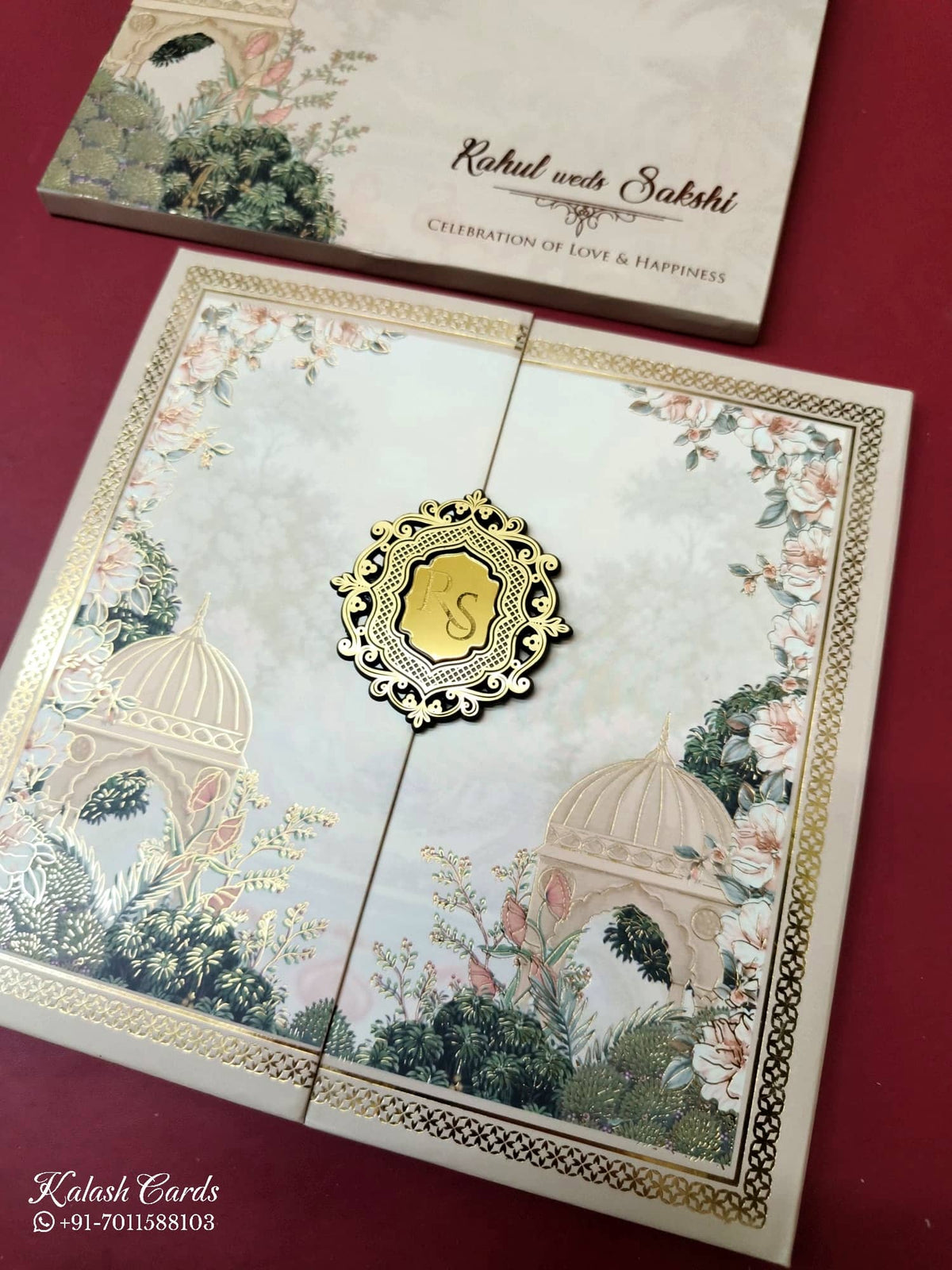 KLB-1037 Creme Royal Fort Door Style Padded Thick Wedding Card (2 Page & Couple Initial Acrylic)