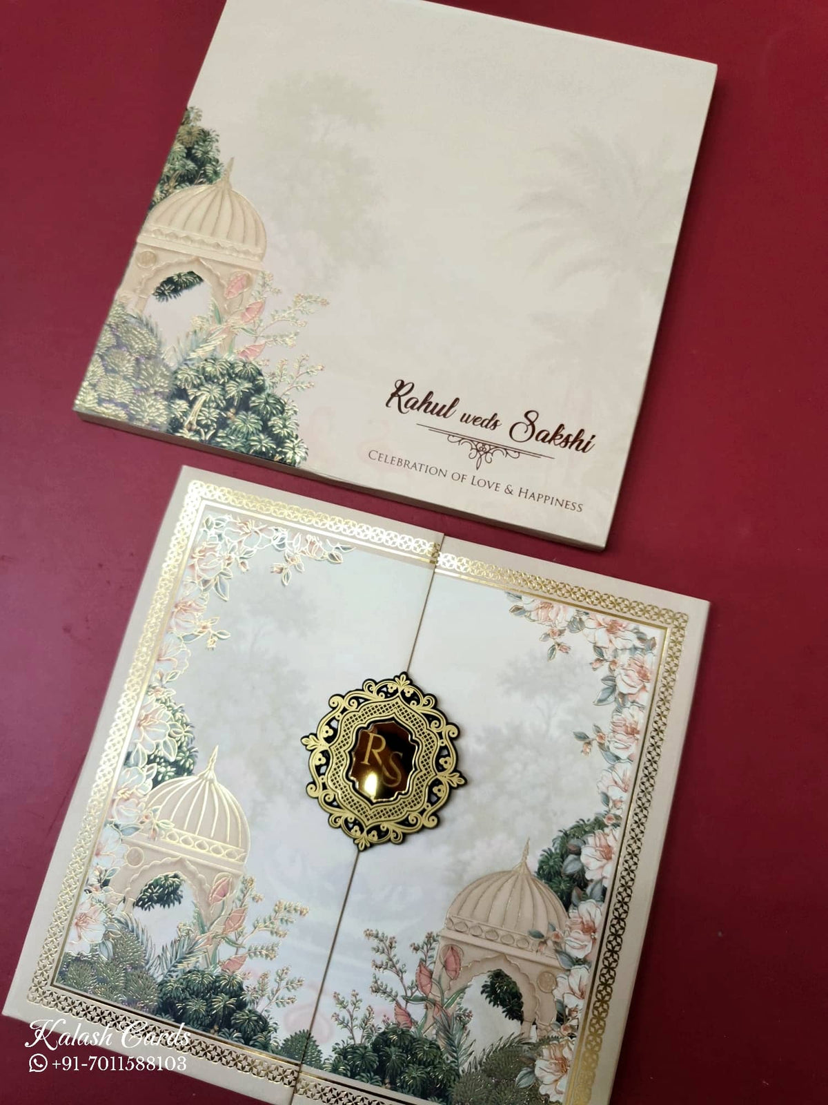 KLB-1037 Creme Royal Fort Door Style Padded Thick Wedding Card (2 Page & Couple Initial Acrylic)