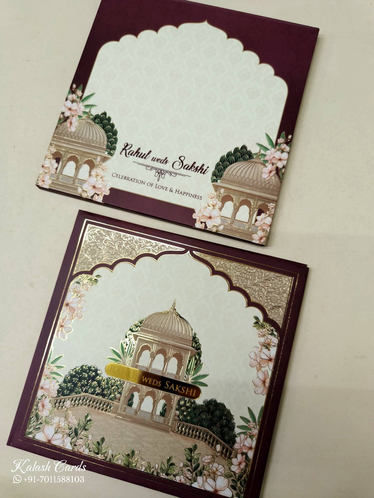 KLB-1038 Creme Maroon Royal Fort Padded Thick Wedding Card (2 Page & Couple Name Acrylic)