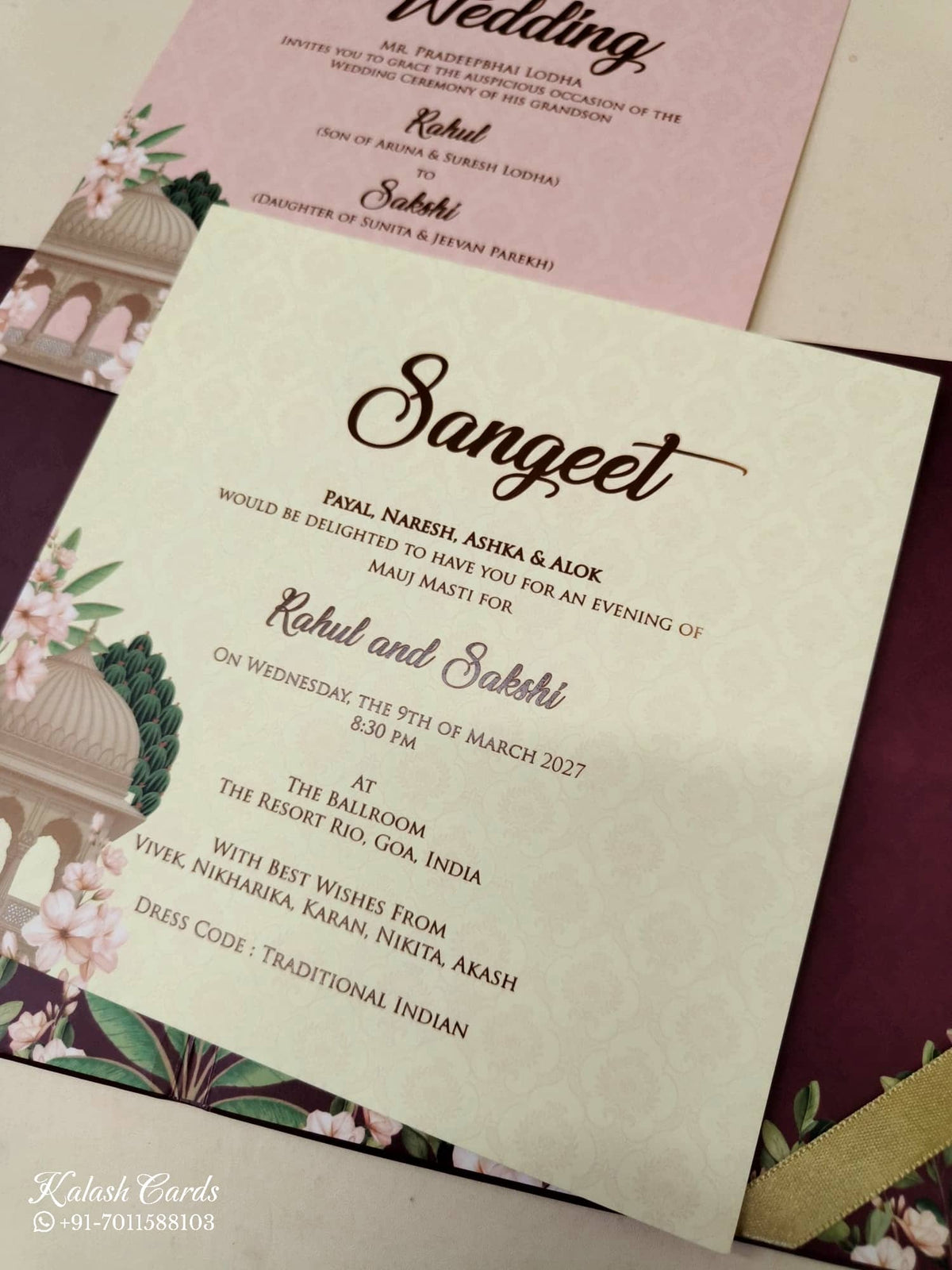 KLB-1038 Creme Maroon Royal Fort Padded Thick Wedding Card (2 Page & Couple Name Acrylic)