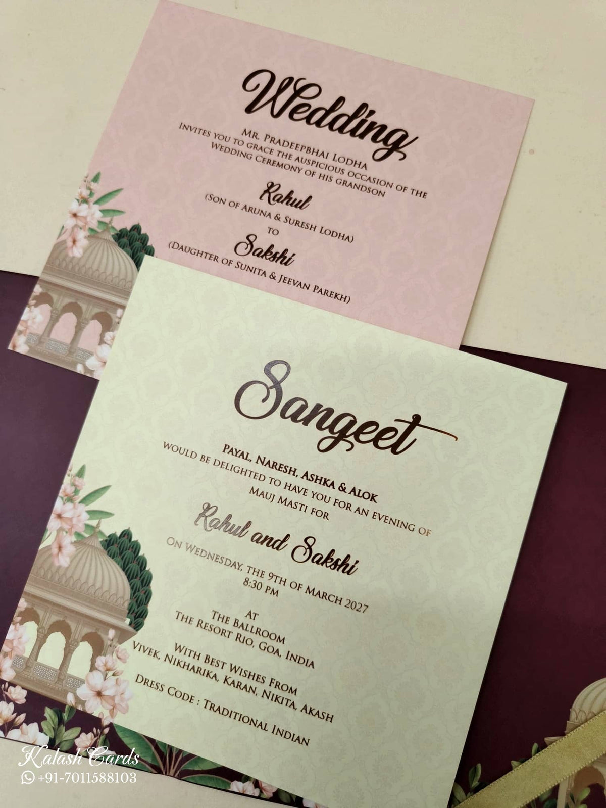 KLB-1038 Creme Maroon Royal Fort Padded Thick Wedding Card (2 Page & Couple Name Acrylic)