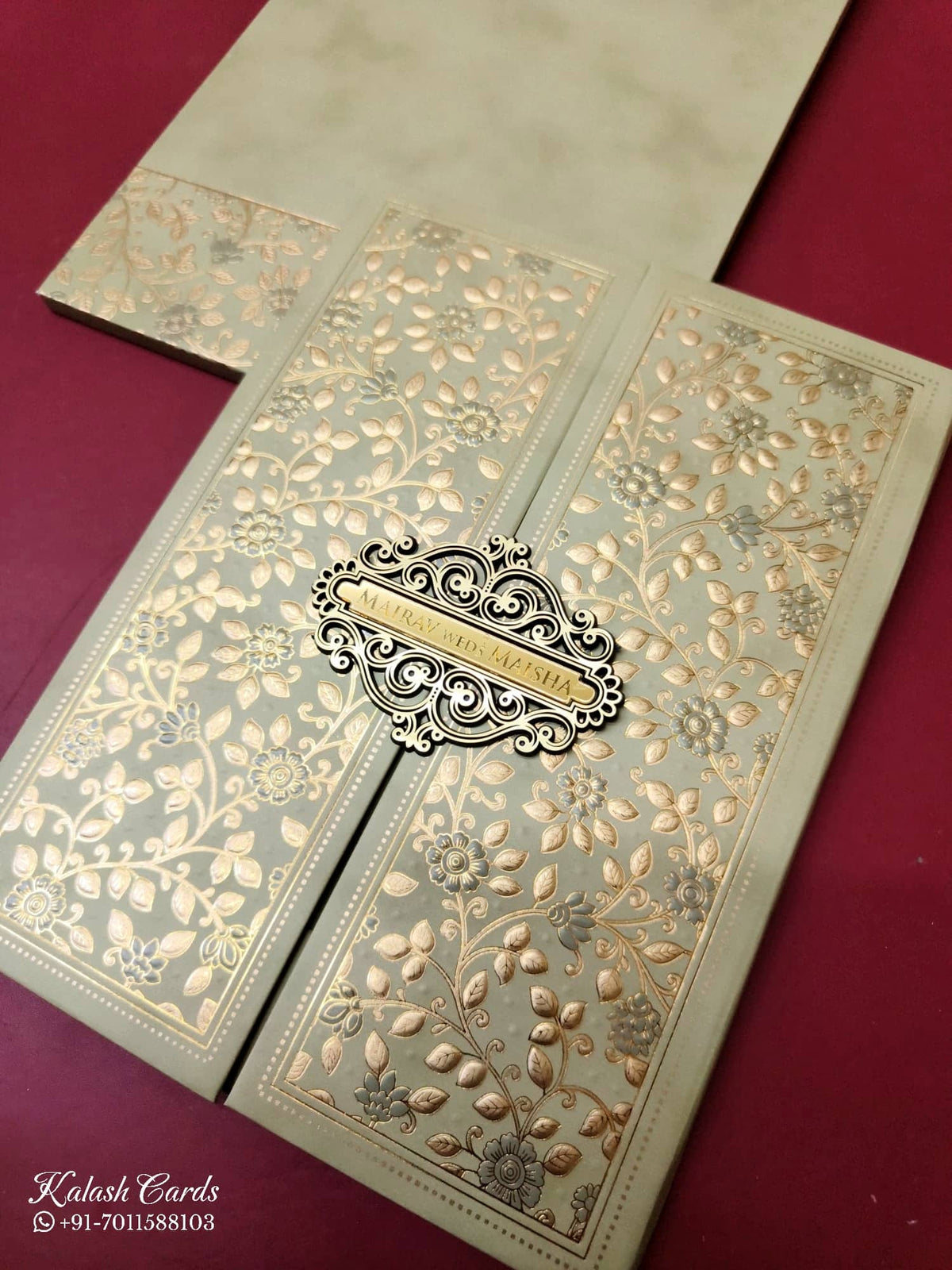 KLB-1040 Green Floral Embossed Padded Thick Wedding Card (2 Page & Couple Name Acrylic)