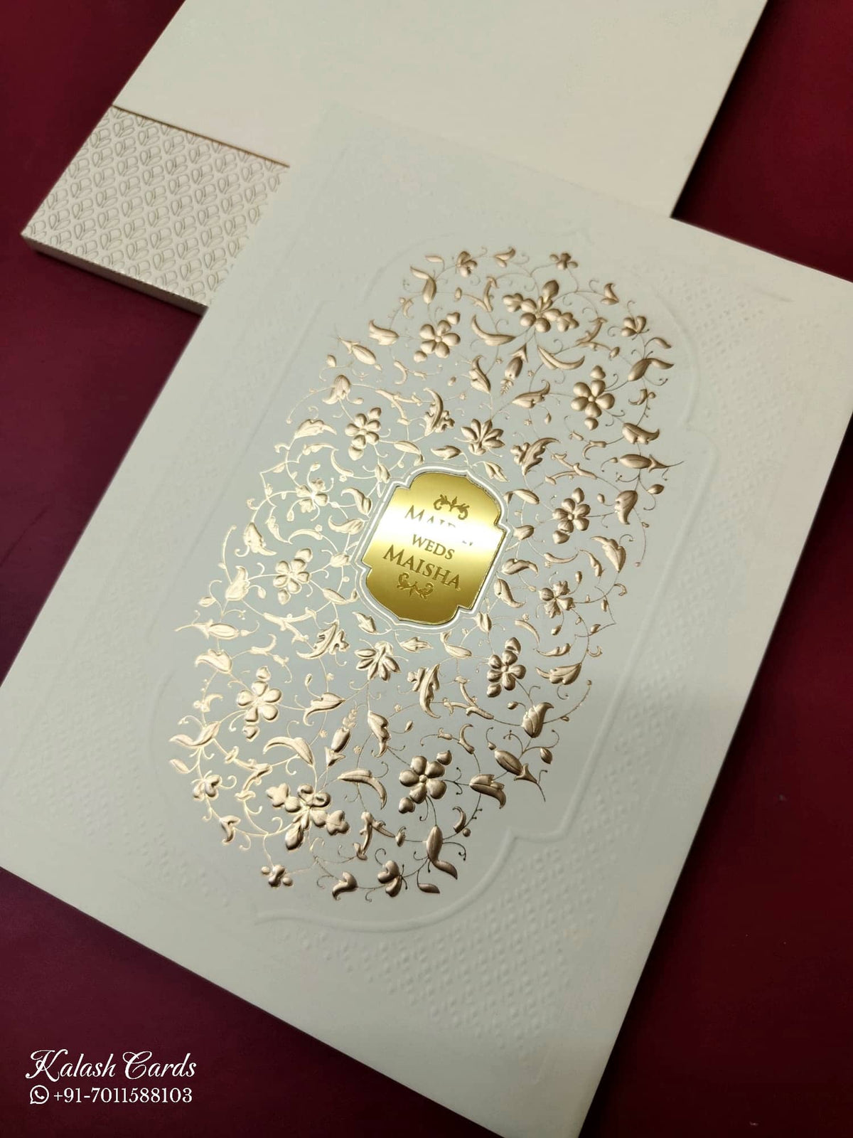 KLB-1041 White Floral Embossed Padded Thick Wedding Card (2 Page & Couple Name Acrylic)