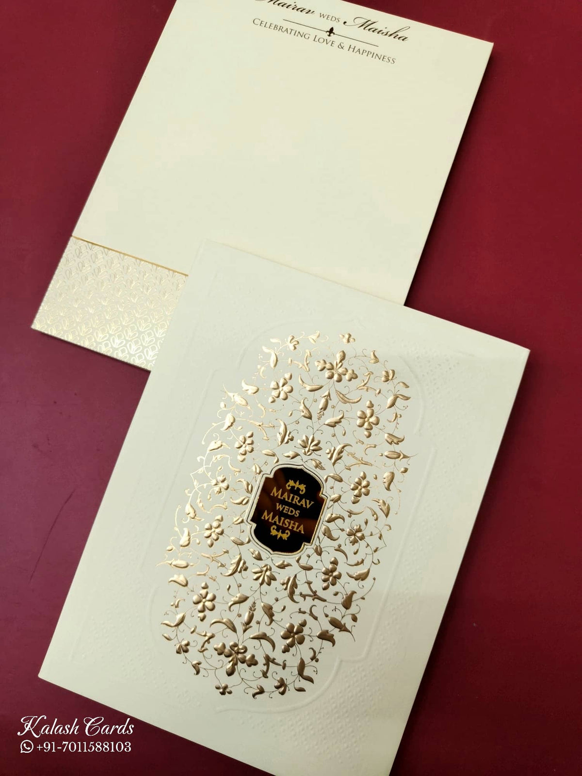 KLB-1041 White Floral Embossed Padded Thick Wedding Card (2 Page & Couple Name Acrylic)
