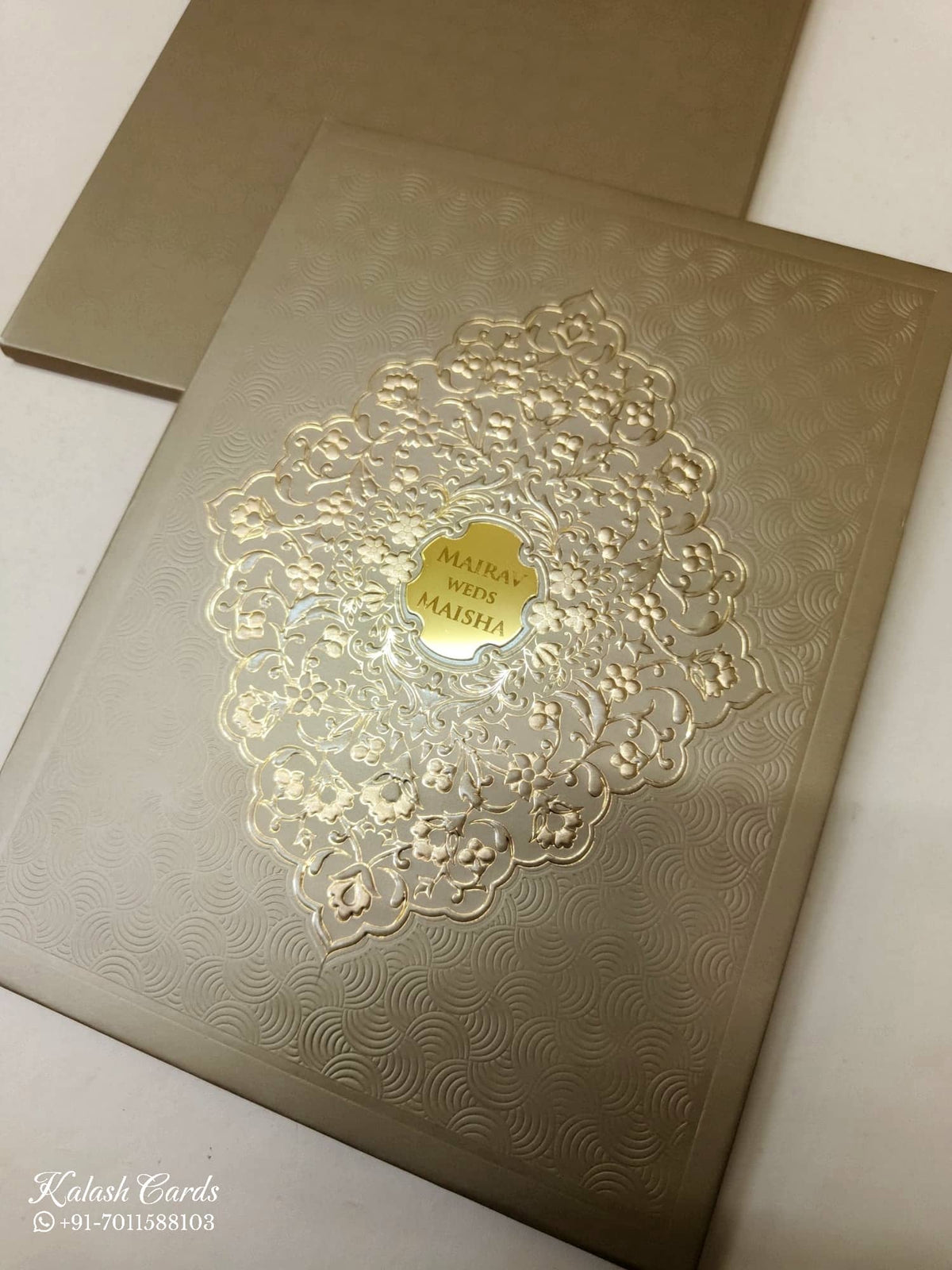 KLB-1042 Golden Floral Embossed Padded Thick Wedding Card (2 Page & Couple Name Acrylic)