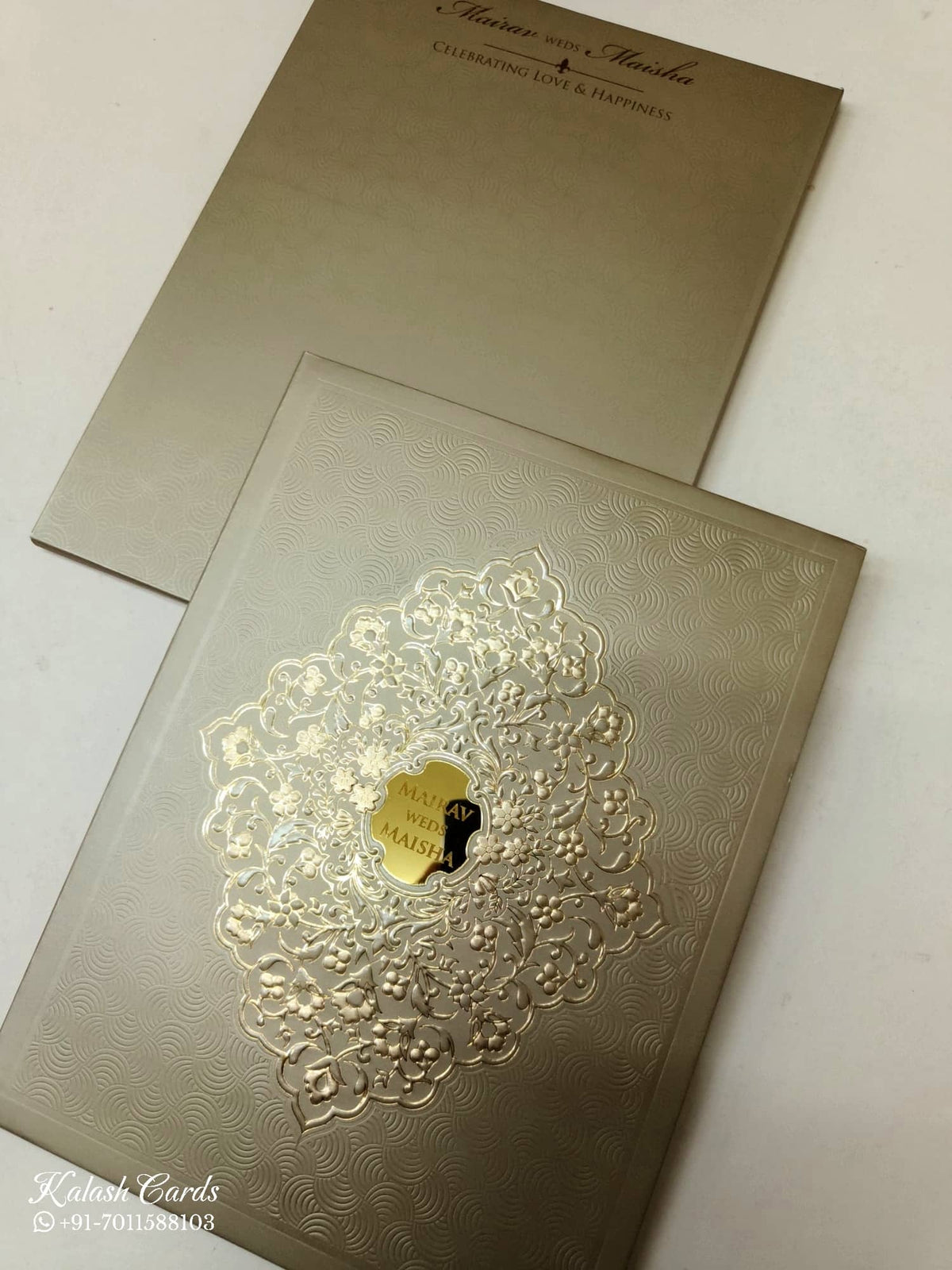 KLB-1042 Golden Floral Embossed Padded Thick Wedding Card (2 Page & Couple Name Acrylic)