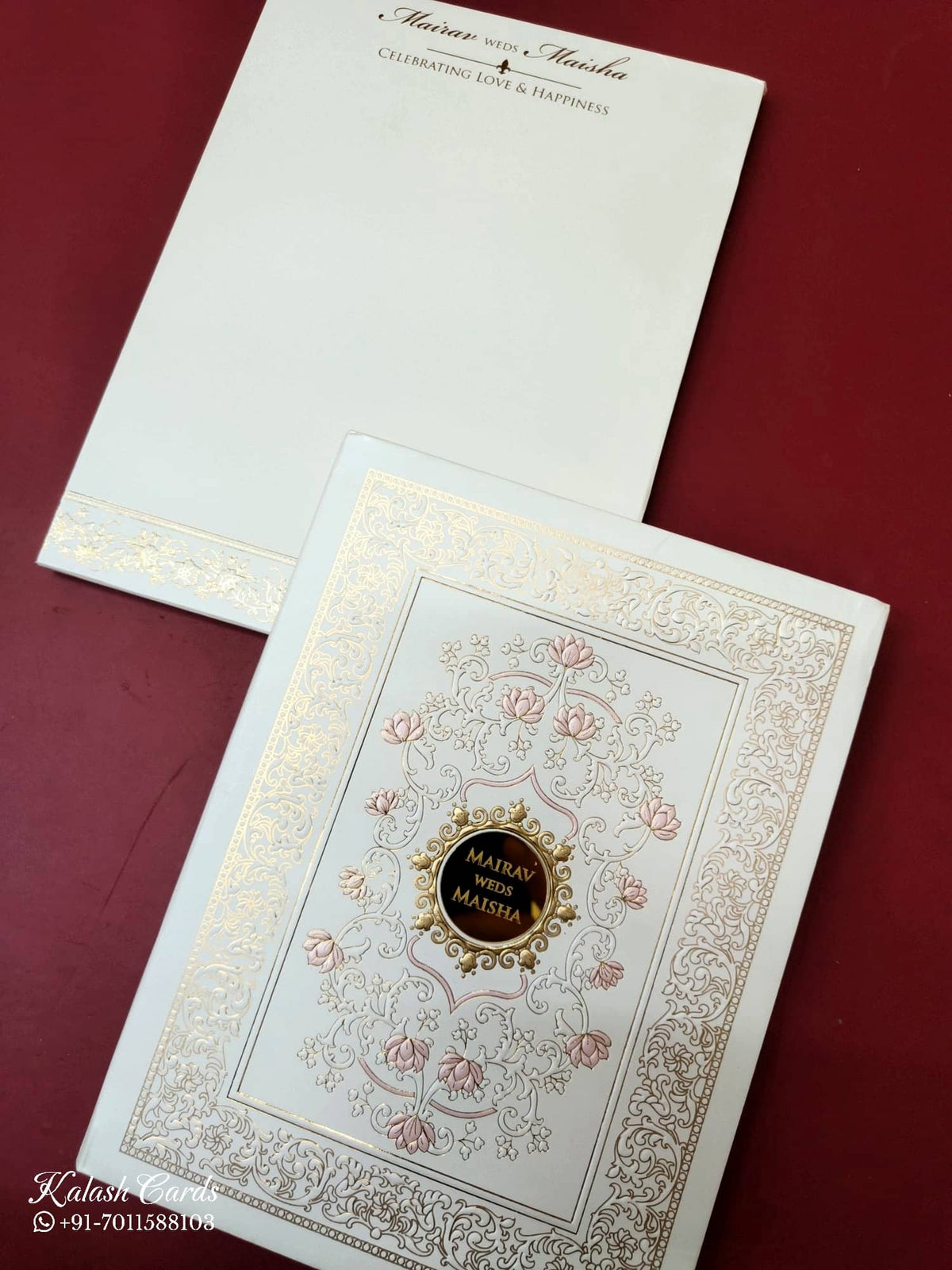 KLB-1043 White Floral Embossed Padded Thick Wedding Card (2 Page & Couple Name Acrylic)