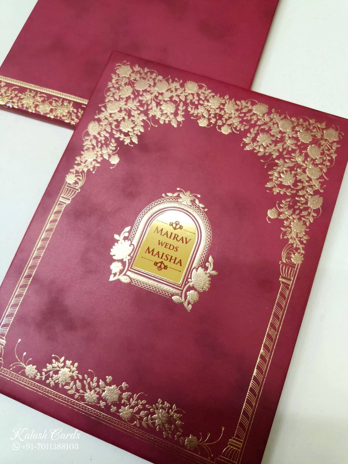 KLB-1044 Maroon Royal Arch Embossed Padded Thick Wedding Card (2 Page & Couple Name Acrylic)