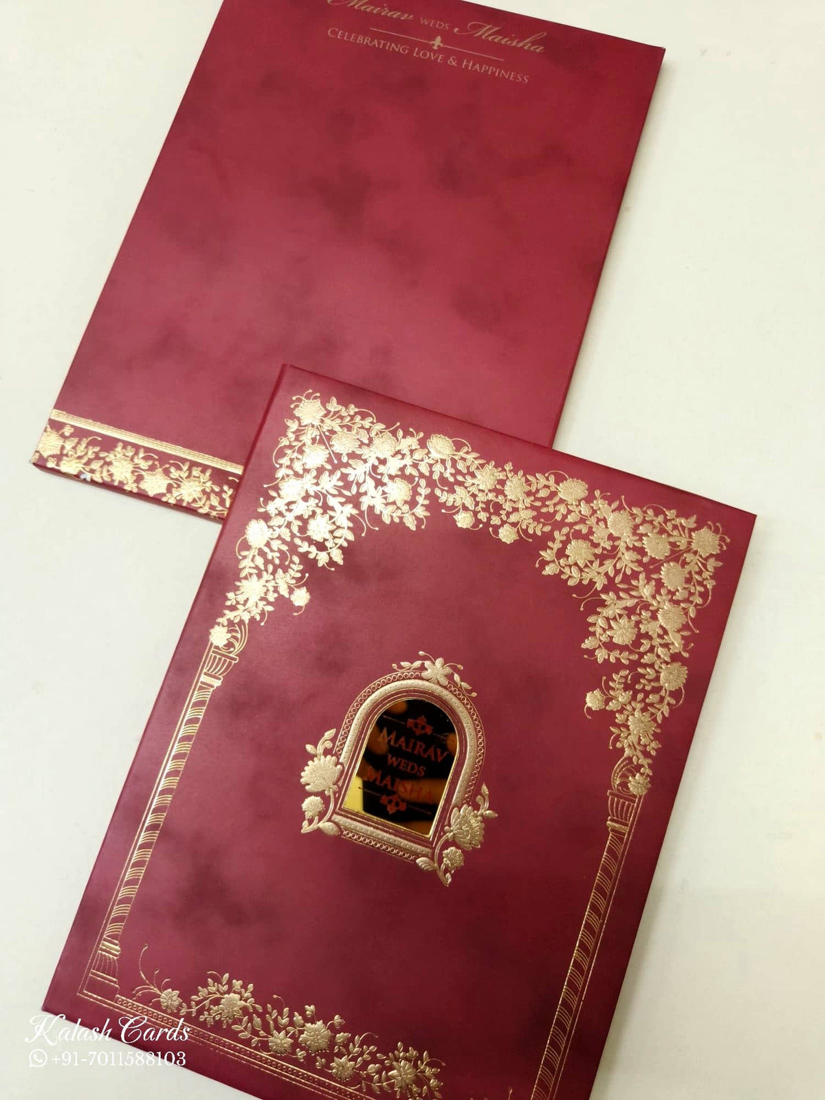 KLB-1044 Maroon Royal Arch Embossed Padded Thick Wedding Card (2 Page & Couple Name Acrylic)