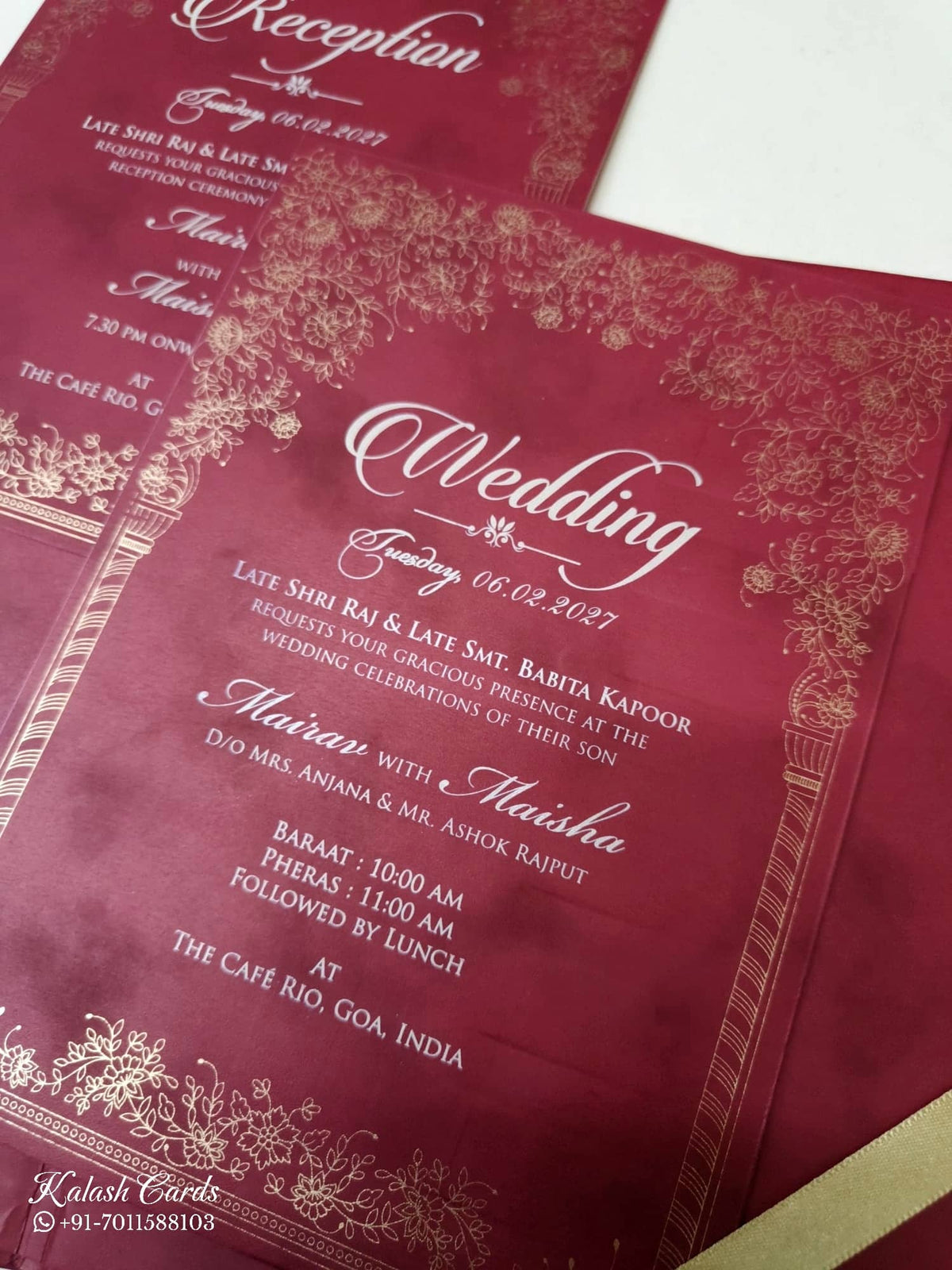 KLB-1044 Maroon Royal Arch Embossed Padded Thick Wedding Card (2 Page & Couple Name Acrylic)