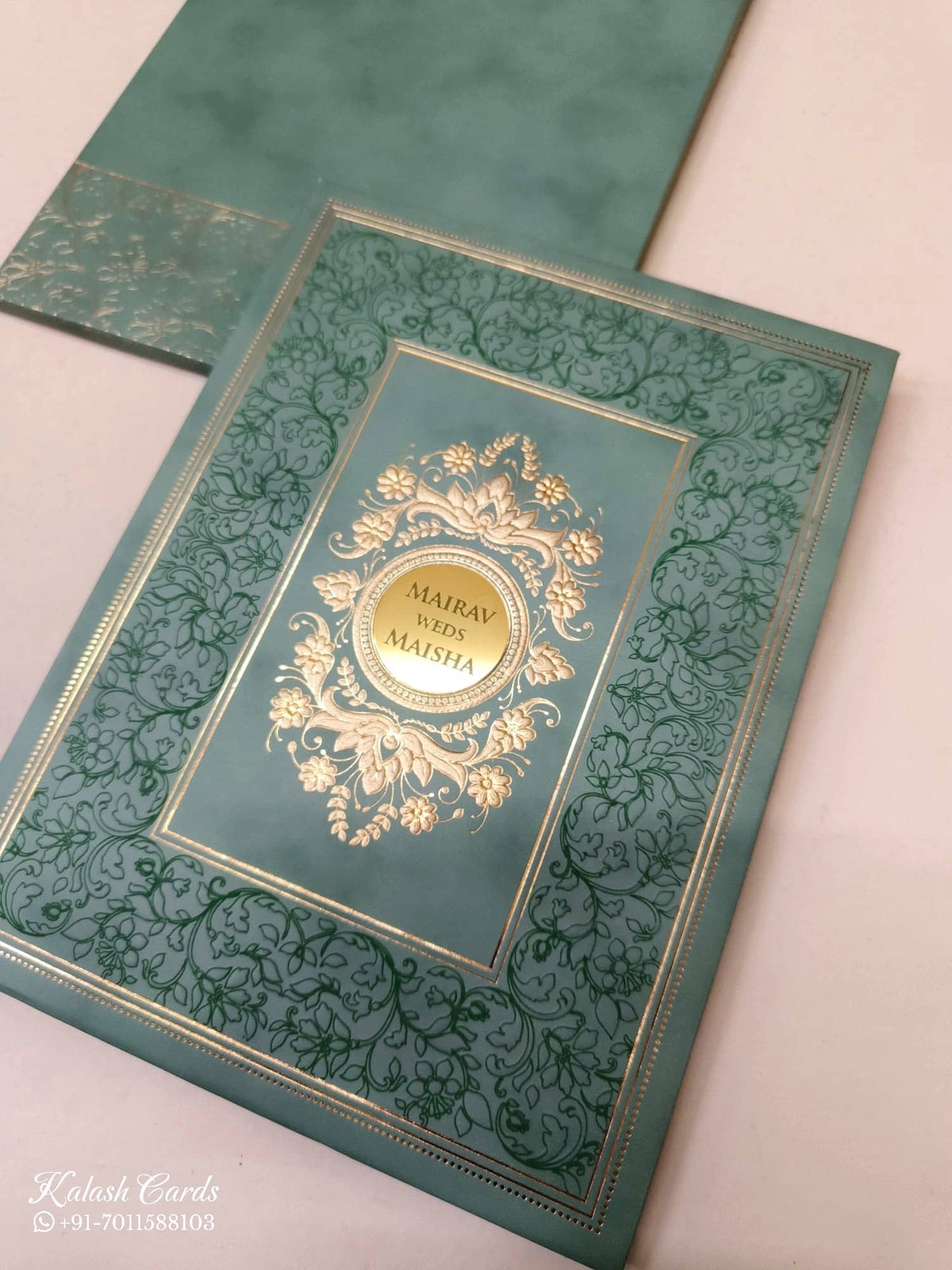 KLB-1045 Green Floral Embossed Padded Thick Wedding Card (2 Page & Couple Name Acrylic)