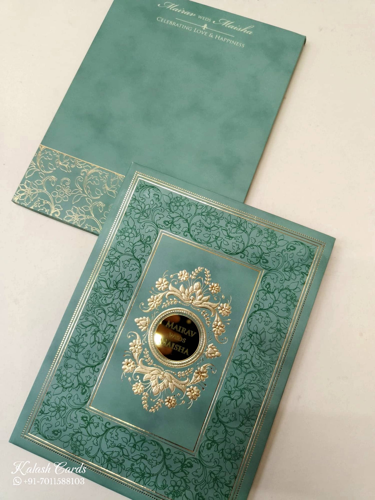 KLB-1045 Green Floral Embossed Padded Thick Wedding Card (2 Page & Couple Name Acrylic)