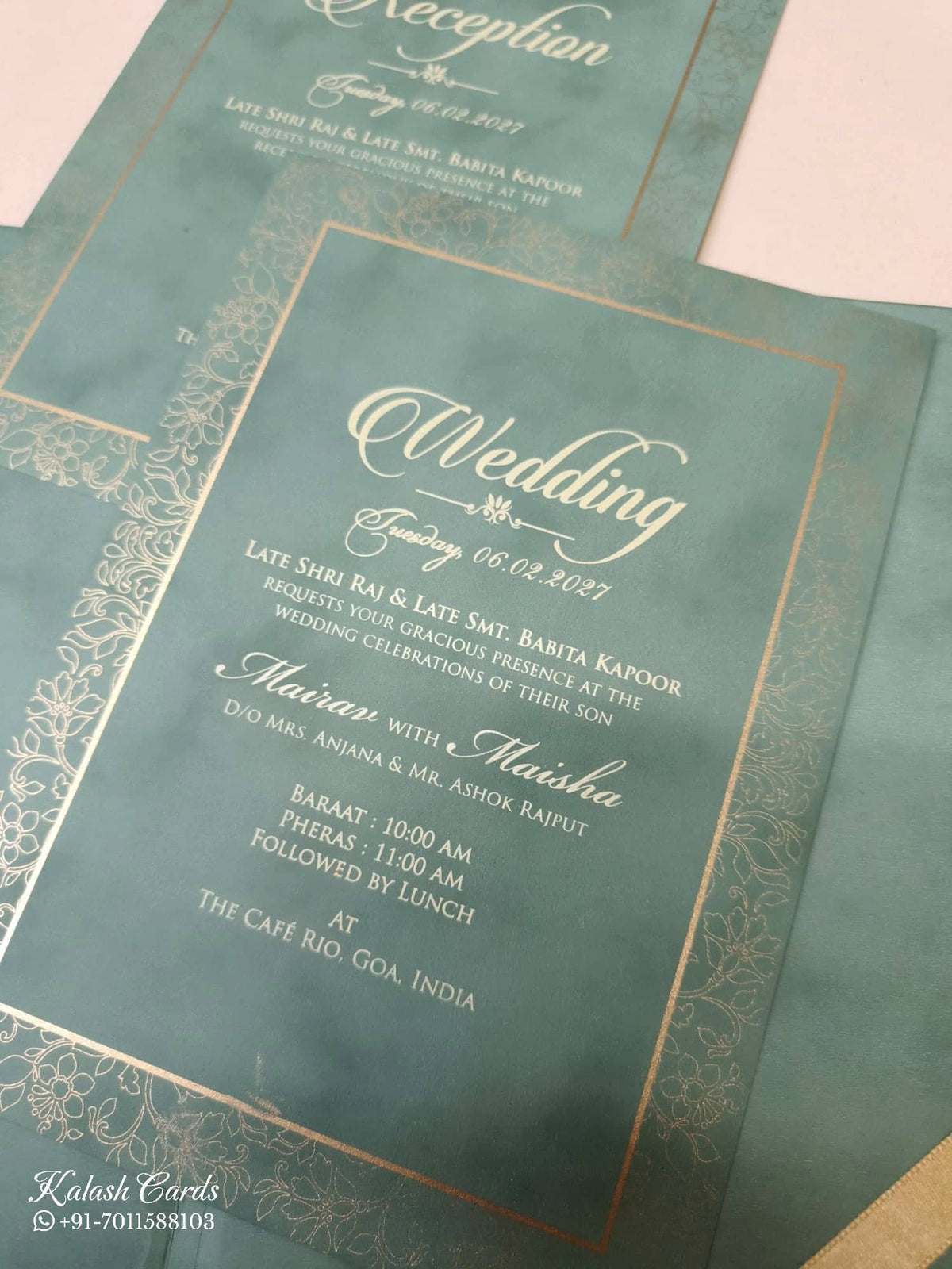 KLB-1045 Green Floral Embossed Padded Thick Wedding Card (2 Page & Couple Name Acrylic)