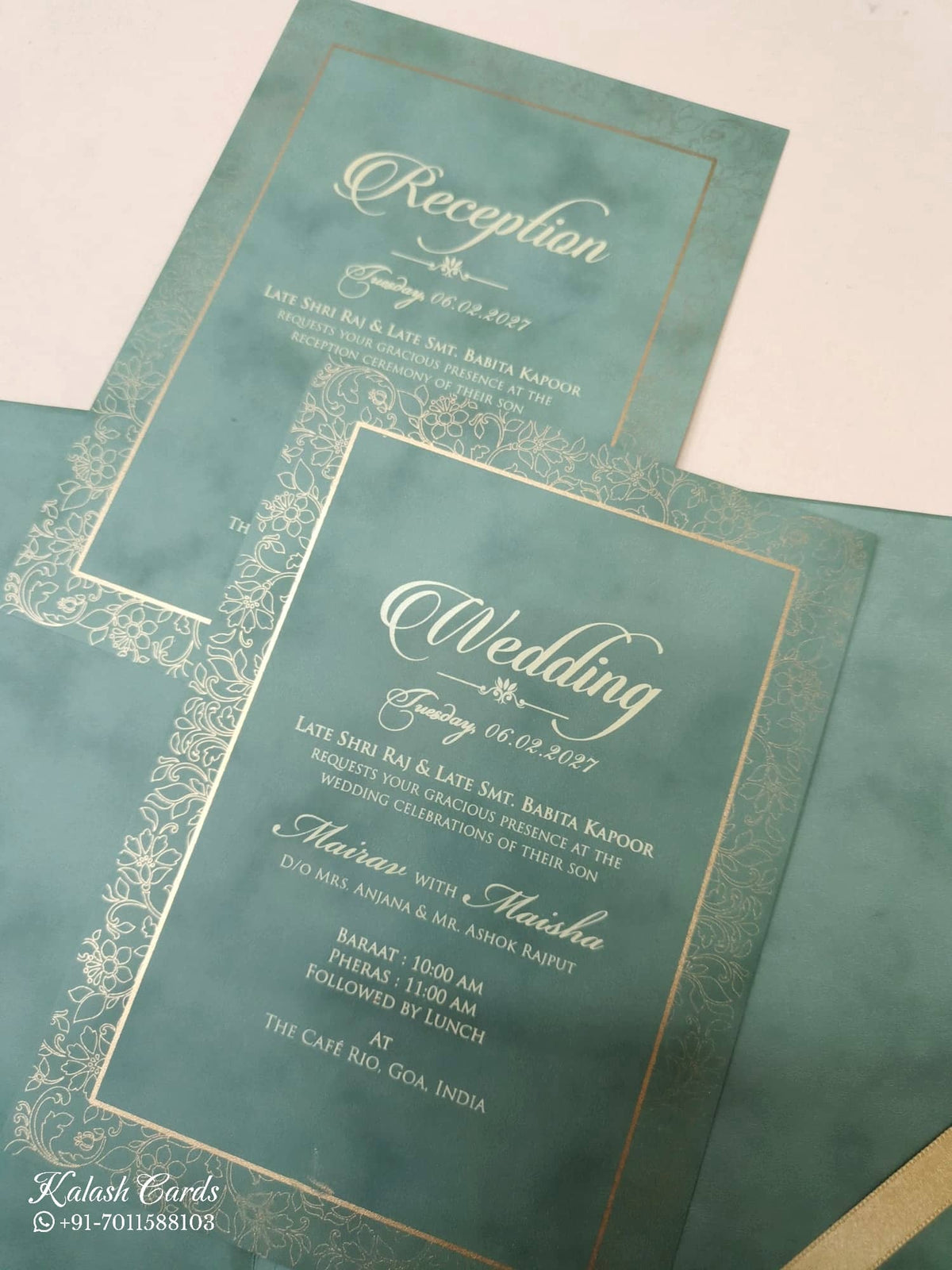 KLB-1045 Green Floral Embossed Padded Thick Wedding Card (2 Page & Couple Name Acrylic)