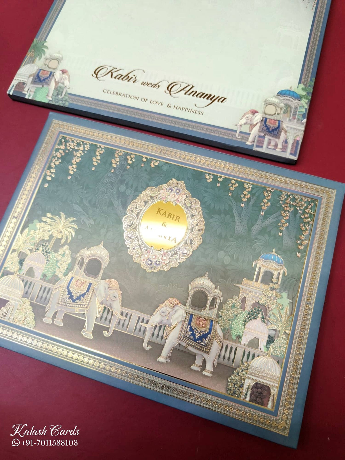KLB-1046 Blue Royal Fort Elephant Padded Thick Wedding Card (2 Page & Couple Name Acrylic)