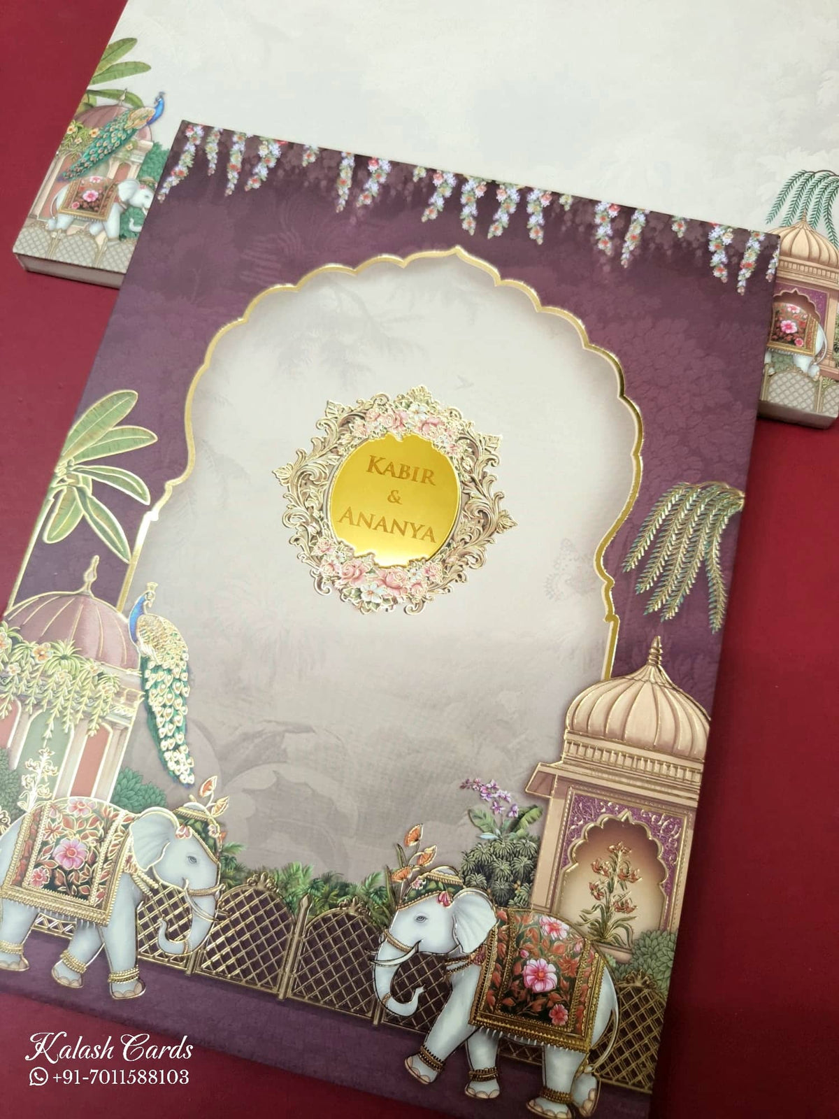 KLB-1047 Maroon Royal Fort Elephant Padded Thick Wedding Card (2 Page & Couple Name Acrylic)-Kalash Cards