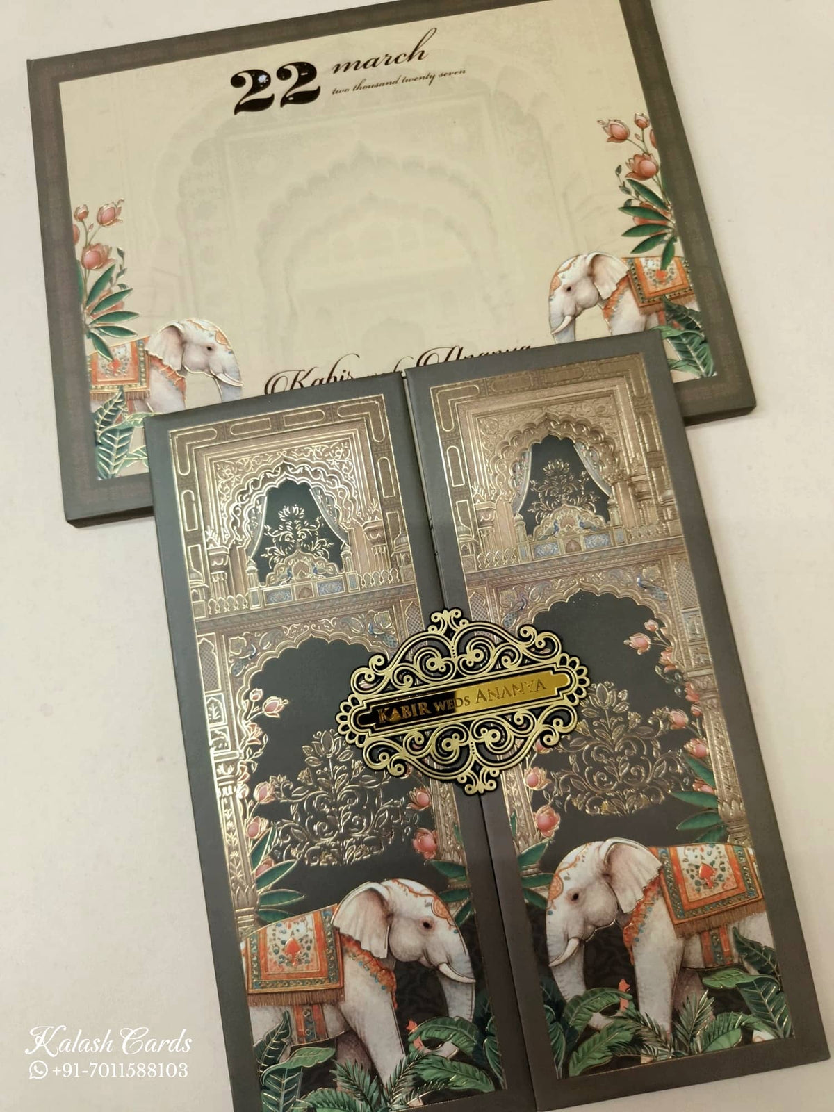 KLB-1048 Grey Elephant Door Style Wedding Card (2 Page & Couple Name Acrylic)