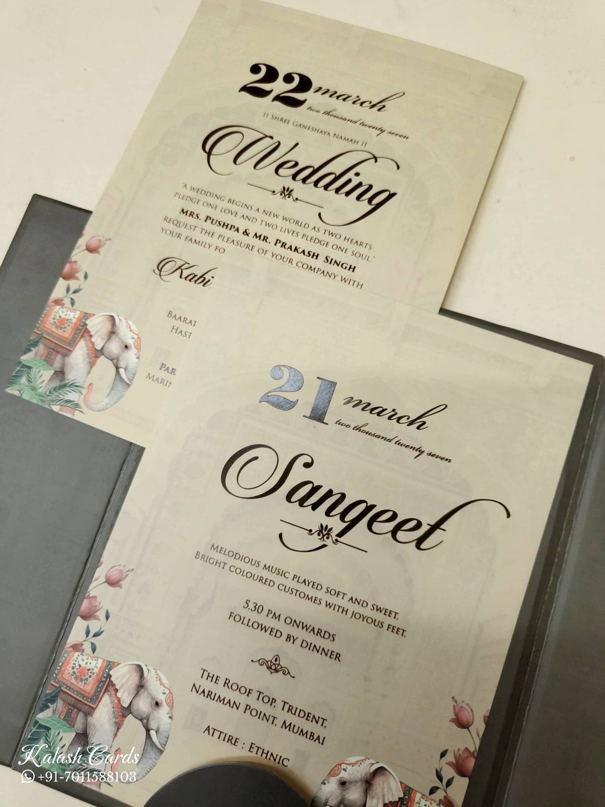 KLB-1048 Grey Elephant Door Style Wedding Card (2 Page & Couple Name Acrylic)