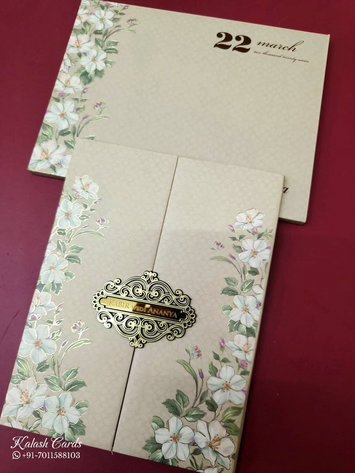 KLB-1049 Creme Floral Door Style Padded Thick Wedding Card (2 Page & Couple Name Acrylic)