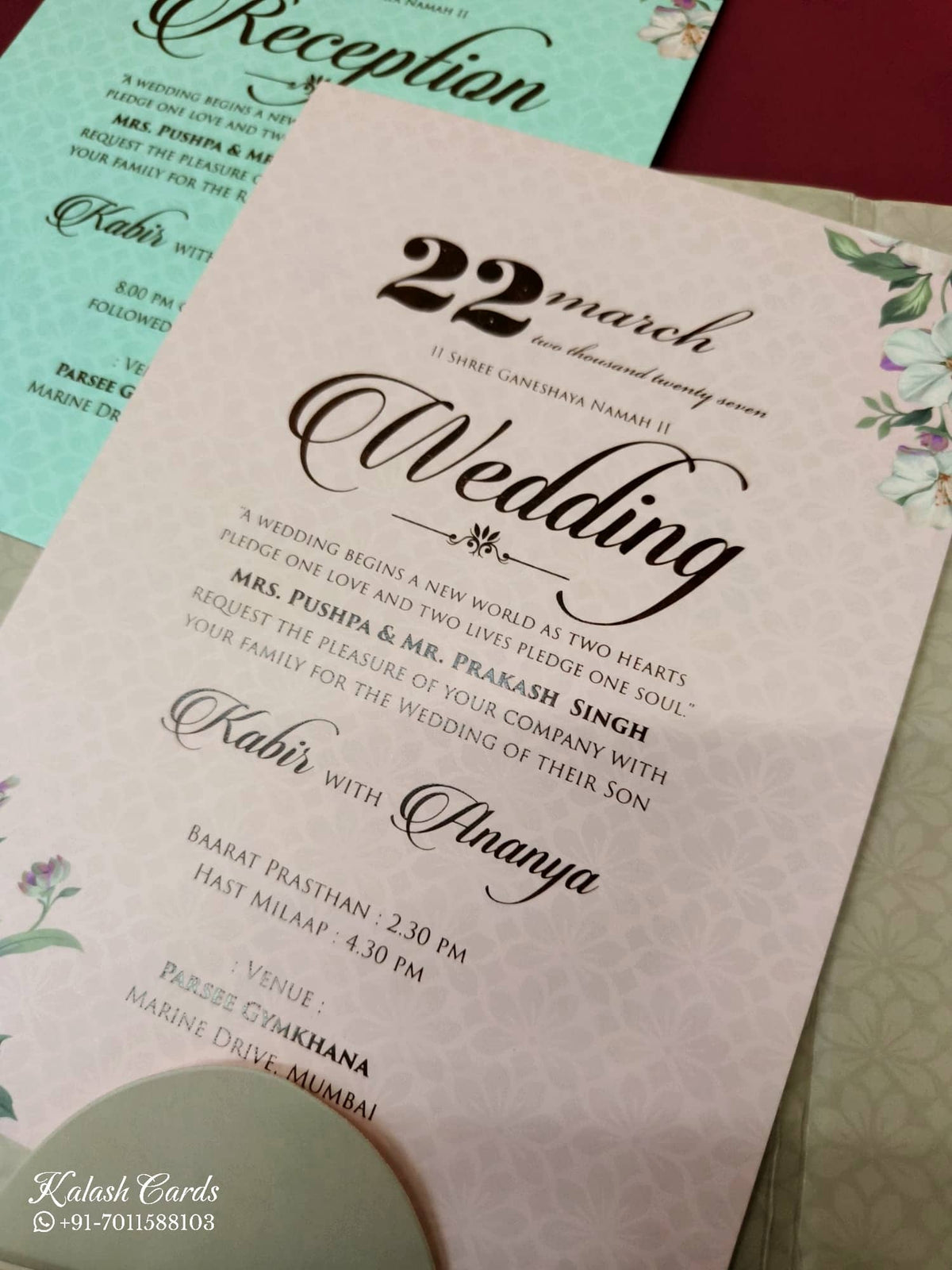 KLB-1049 Creme Floral Door Style Padded Thick Wedding Card (2 Page & Couple Name Acrylic)