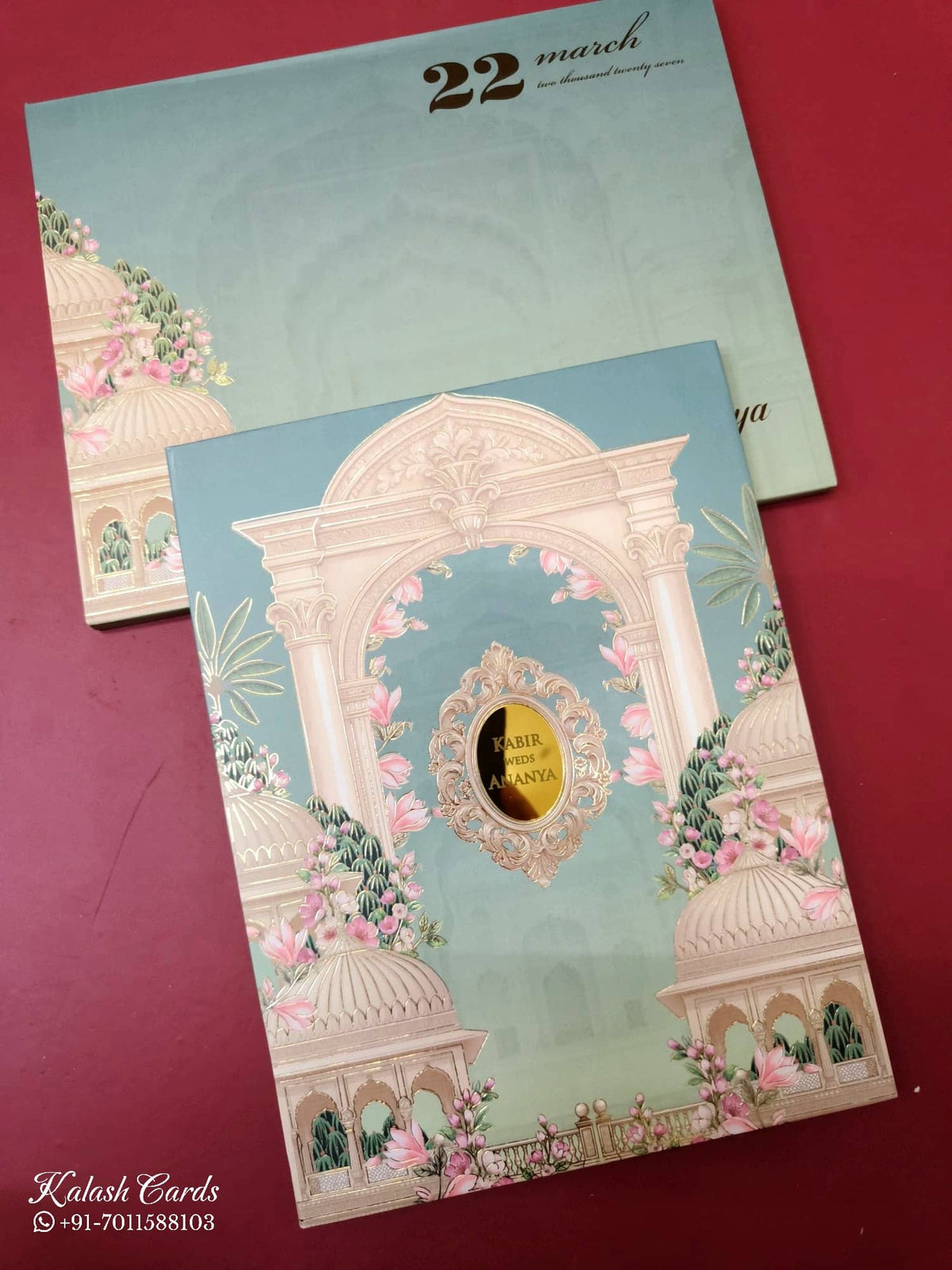 KLB-1050 Blue Royal Arch Padded Thick Wedding Card (2 Page & Couple Name Acrylic)
