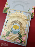 KLB-1051 Blue Royal Arch Peacock Laser Cut Padded Thick Wedding Card (2 Page & Couple Name Acrylic)