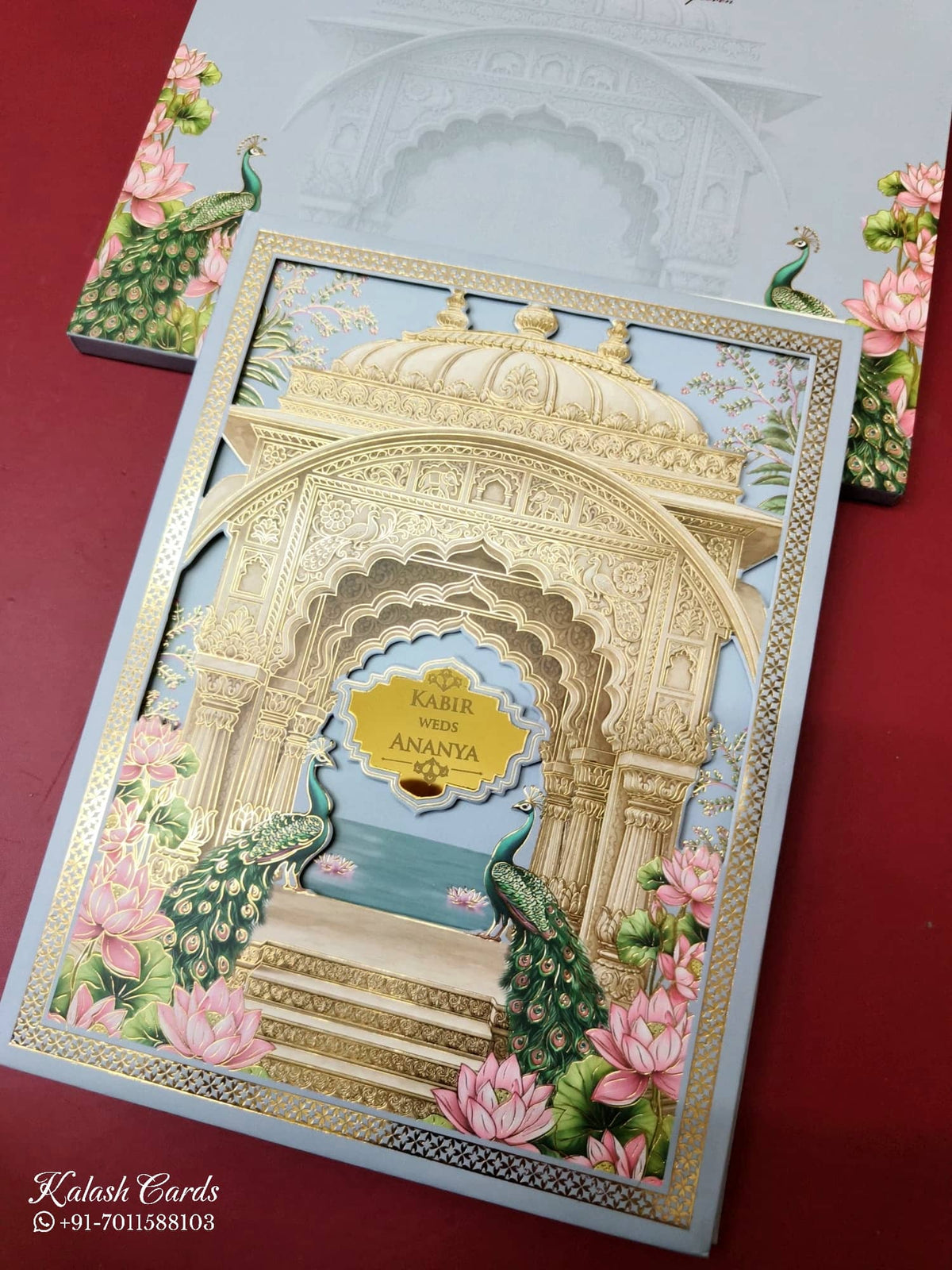 KLB-1051 Blue Royal Arch Peacock Laser Cut Padded Thick Wedding Card (2 Page & Couple Name Acrylic)