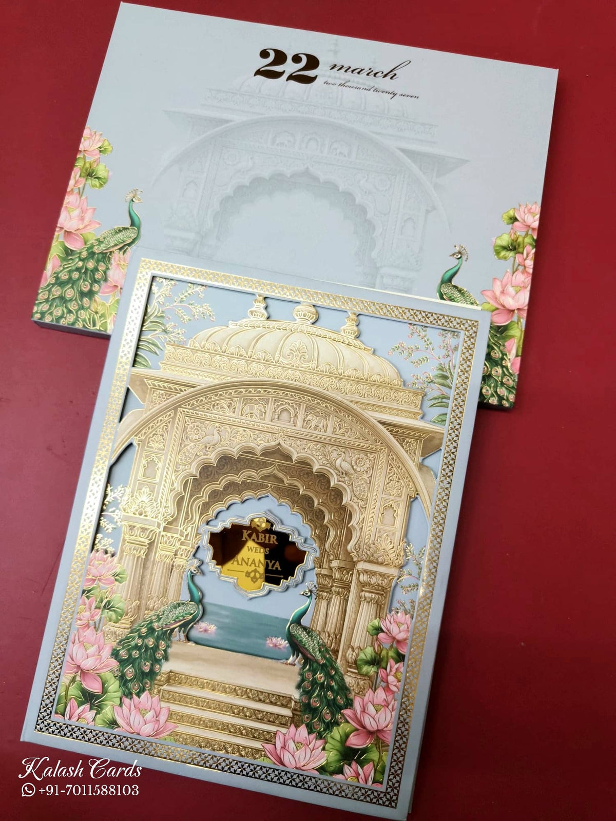 KLB-1051 Blue Royal Arch Peacock Laser Cut Padded Thick Wedding Card (2 Page & Couple Name Acrylic)