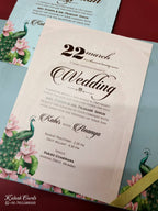 KLB-1051 Blue Royal Arch Peacock Laser Cut Padded Thick Wedding Card (2 Page & Couple Name Acrylic)
