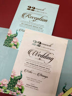 KLB-1051 Blue Royal Arch Peacock Laser Cut Padded Thick Wedding Card (2 Page & Couple Name Acrylic)