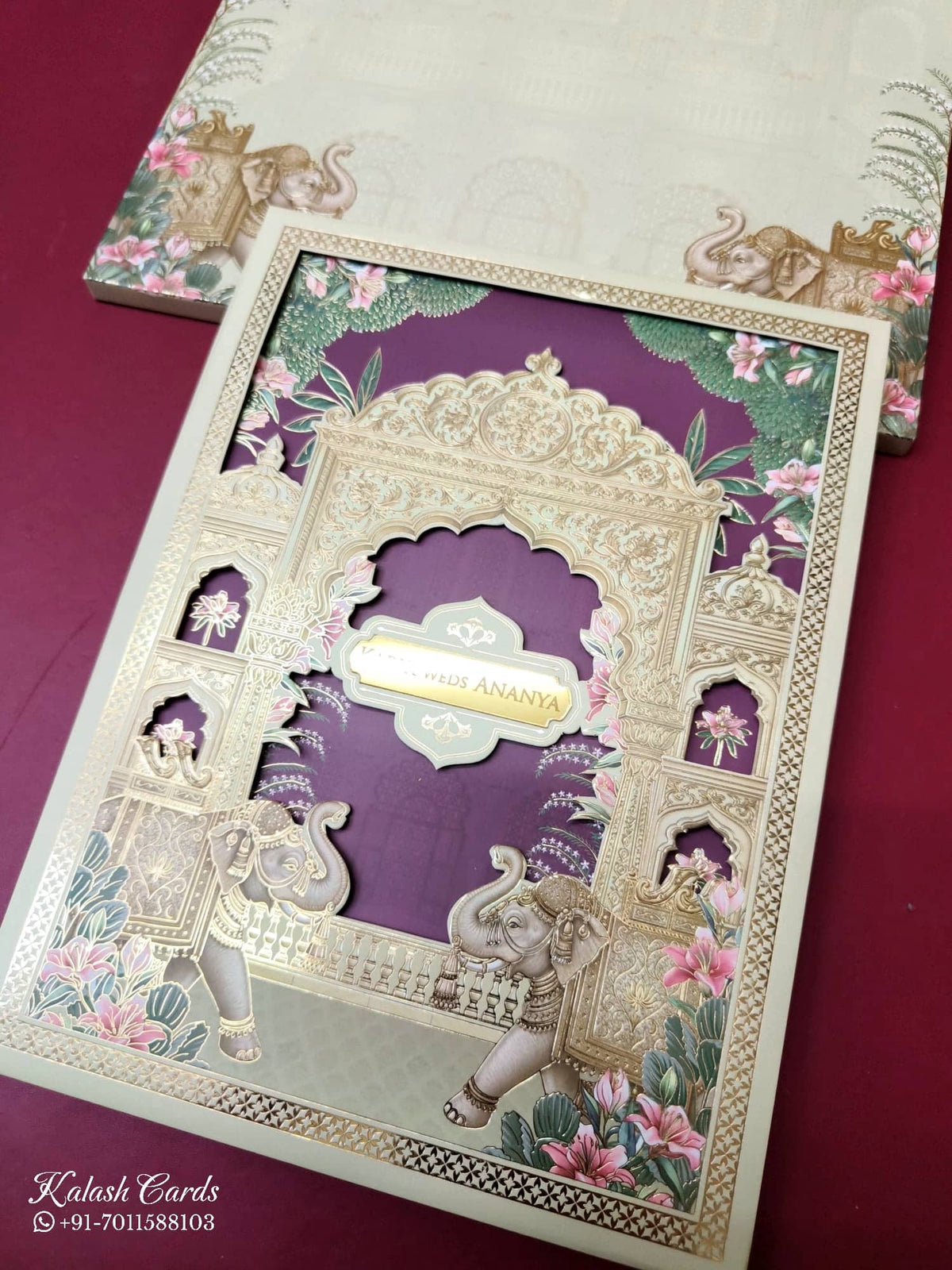 KLB-1052 Creme Maroon Elephant Laser Cut Padded Thick Wedding Card (2 Page & Couple Name Acrylic)