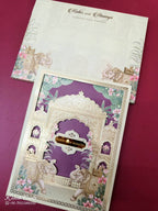 KLB-1052 Creme Maroon Elephant Laser Cut Padded Thick Wedding Card (2 Page & Couple Name Acrylic)