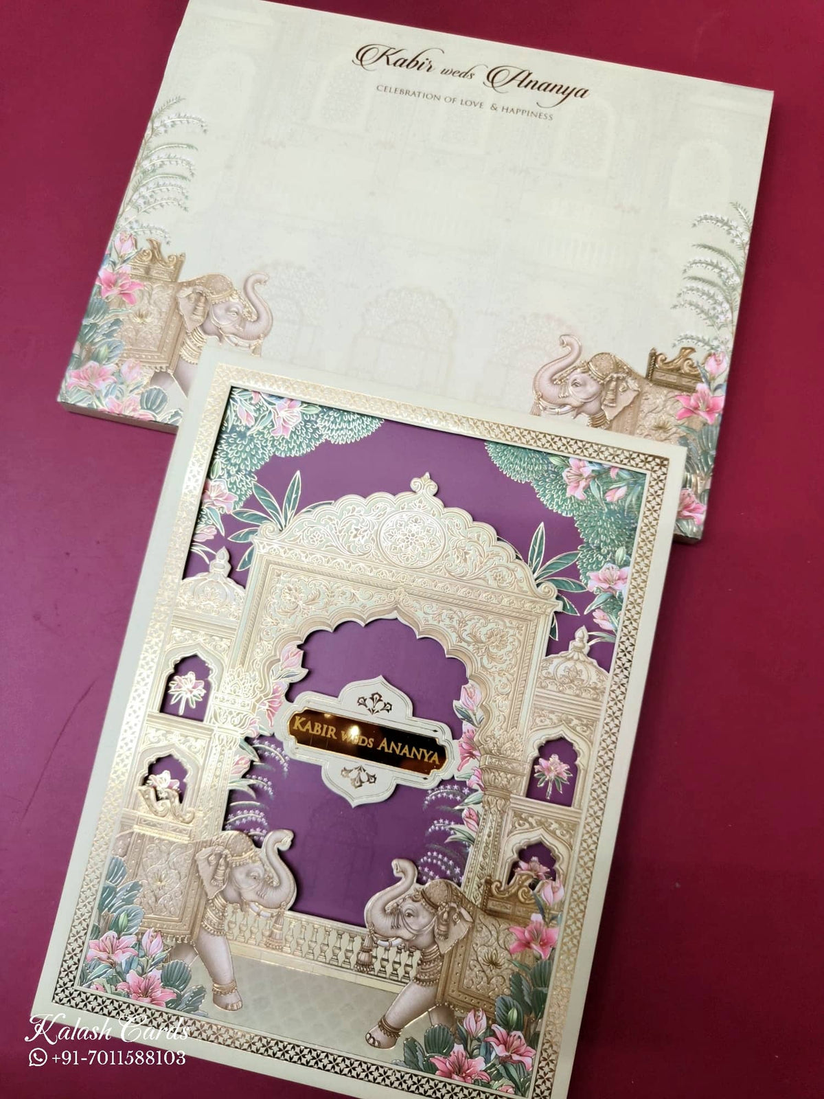 KLB-1052 Creme Maroon Elephant Laser Cut Padded Thick Wedding Card (2 Page & Couple Name Acrylic)